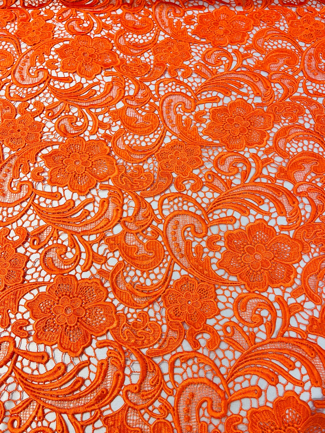 Floral Design Guipure Fabric - Orange - Floral Lace Guipure Wedding Bridal Dress Fabrics by the Yard