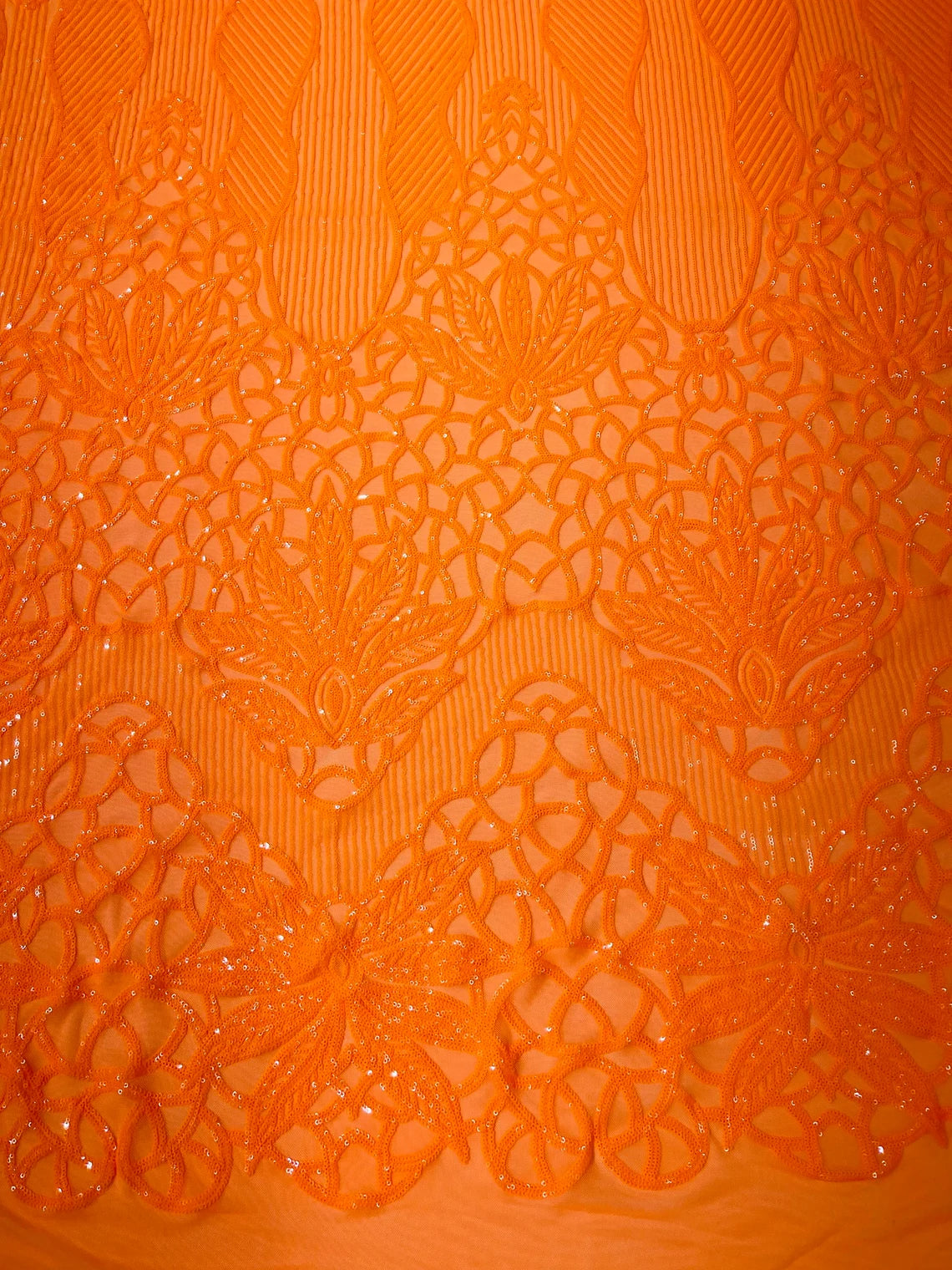 Gorgeous Star Leaf Fabric - Orange - Leaf Design Embroidered 4 Way Stretch Sequins Fabric By Yard