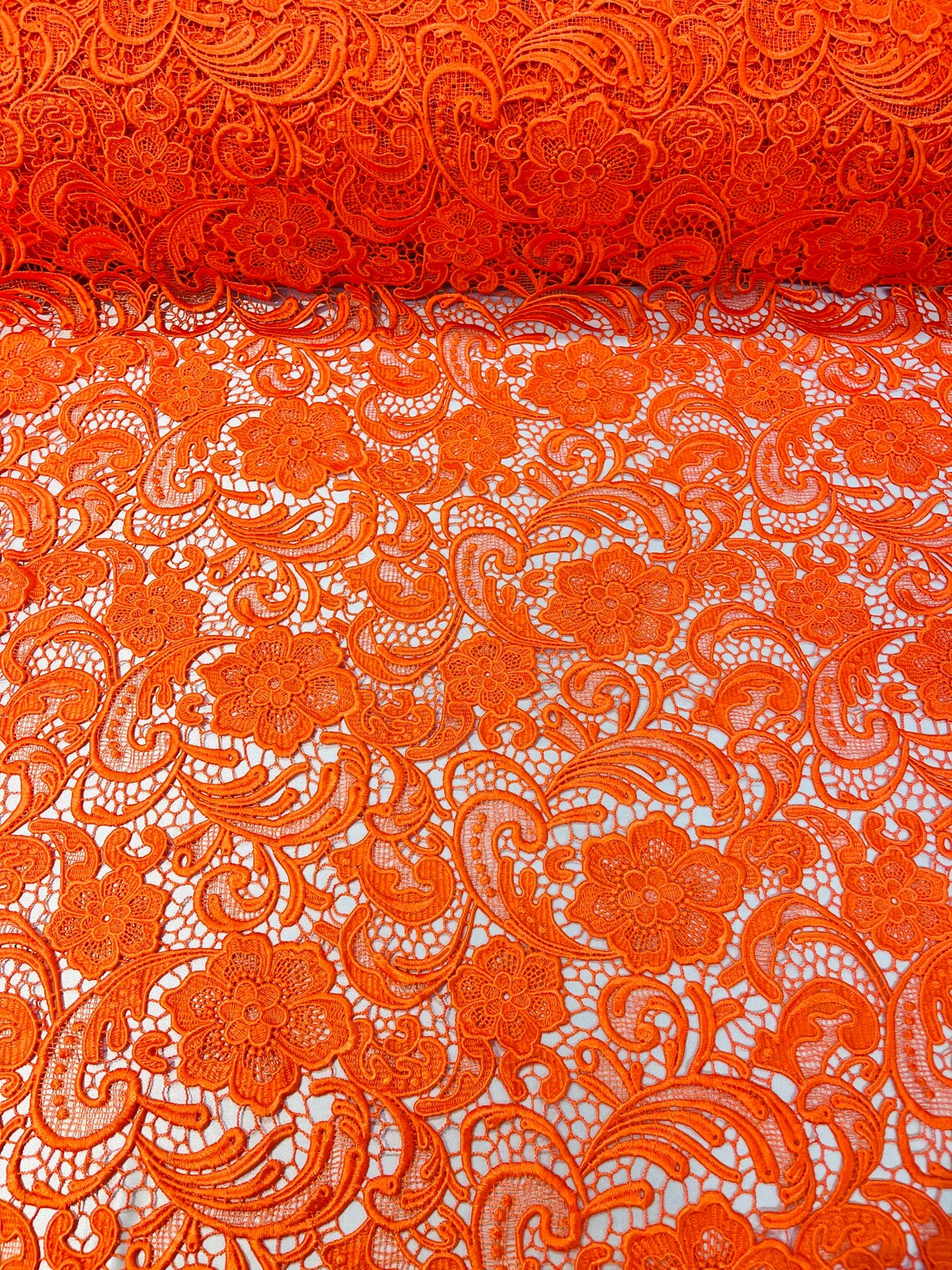 Floral Design Guipure Fabric - Orange - Floral Lace Guipure Wedding Bridal Dress Fabrics by the Yard