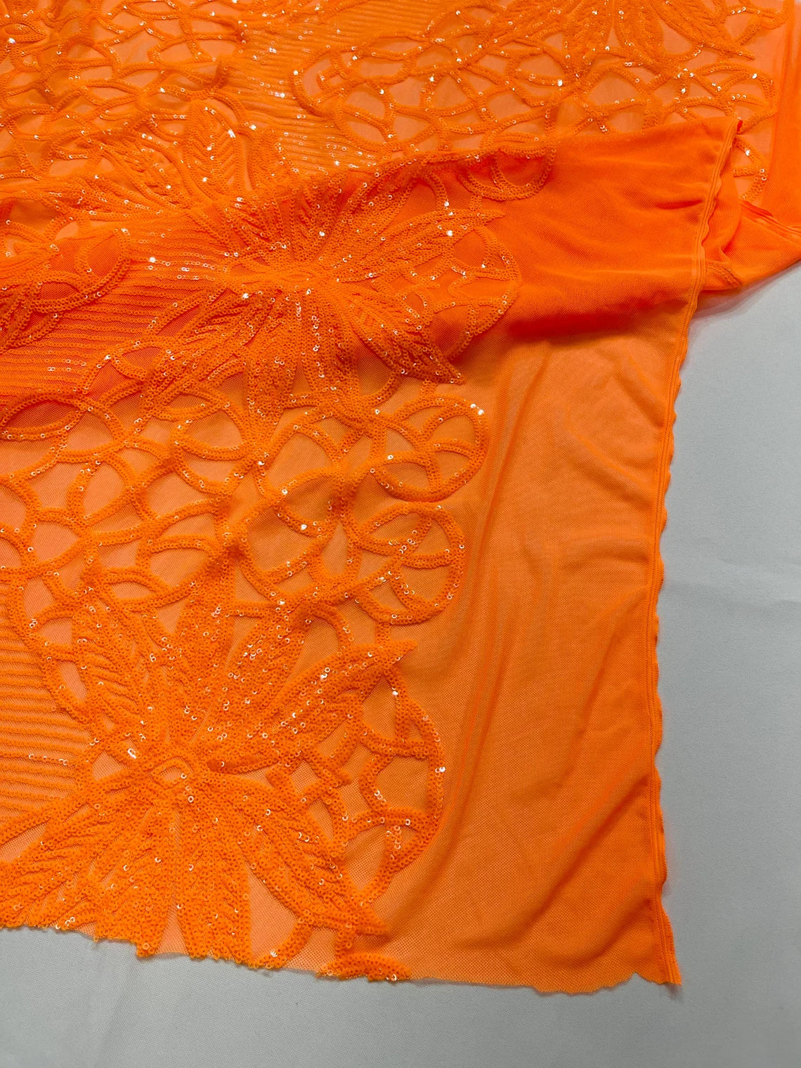 Gorgeous Star Leaf Fabric - Orange - Leaf Design Embroidered 4 Way Stretch Sequins Fabric By Yard