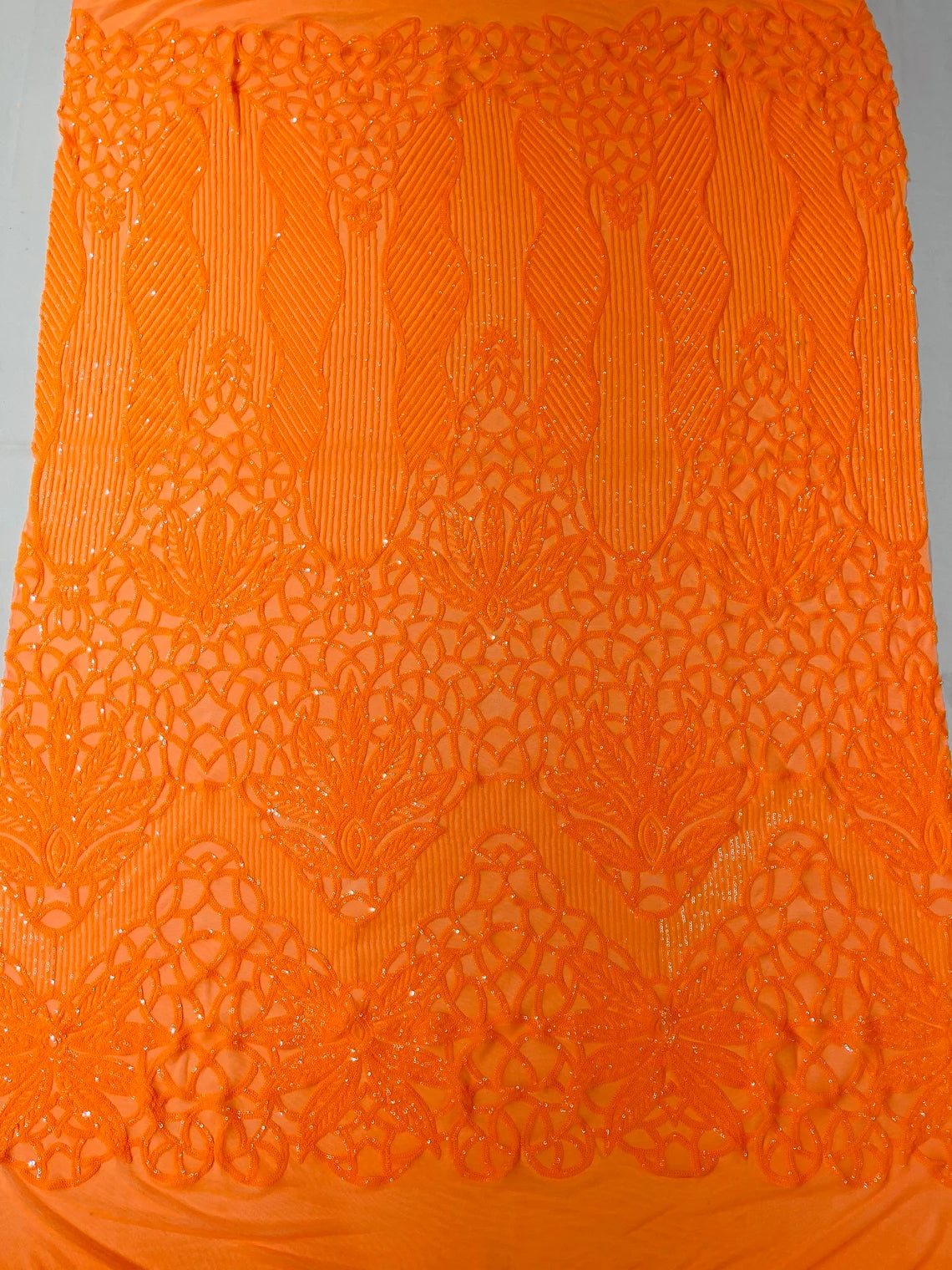 Gorgeous Star Leaf Fabric - Orange - Leaf Design Embroidered 4 Way Stretch Sequins Fabric By Yard