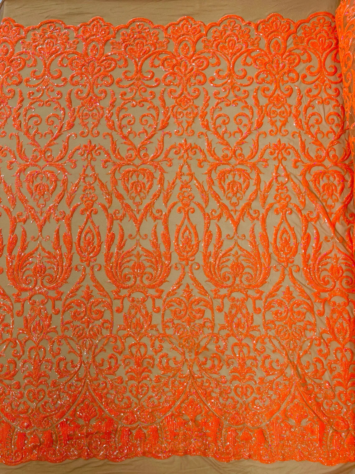 King Damask Design Sequins - Orange Holographic - 4 Way Stretch Lace Mesh Embroidered Sequins By Yard