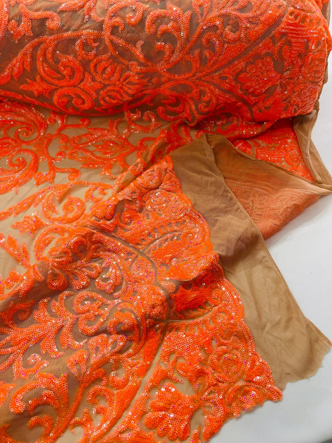 King Damask Design Sequins - Orange Holographic - 4 Way Stretch Lace Mesh Embroidered Sequins By Yard