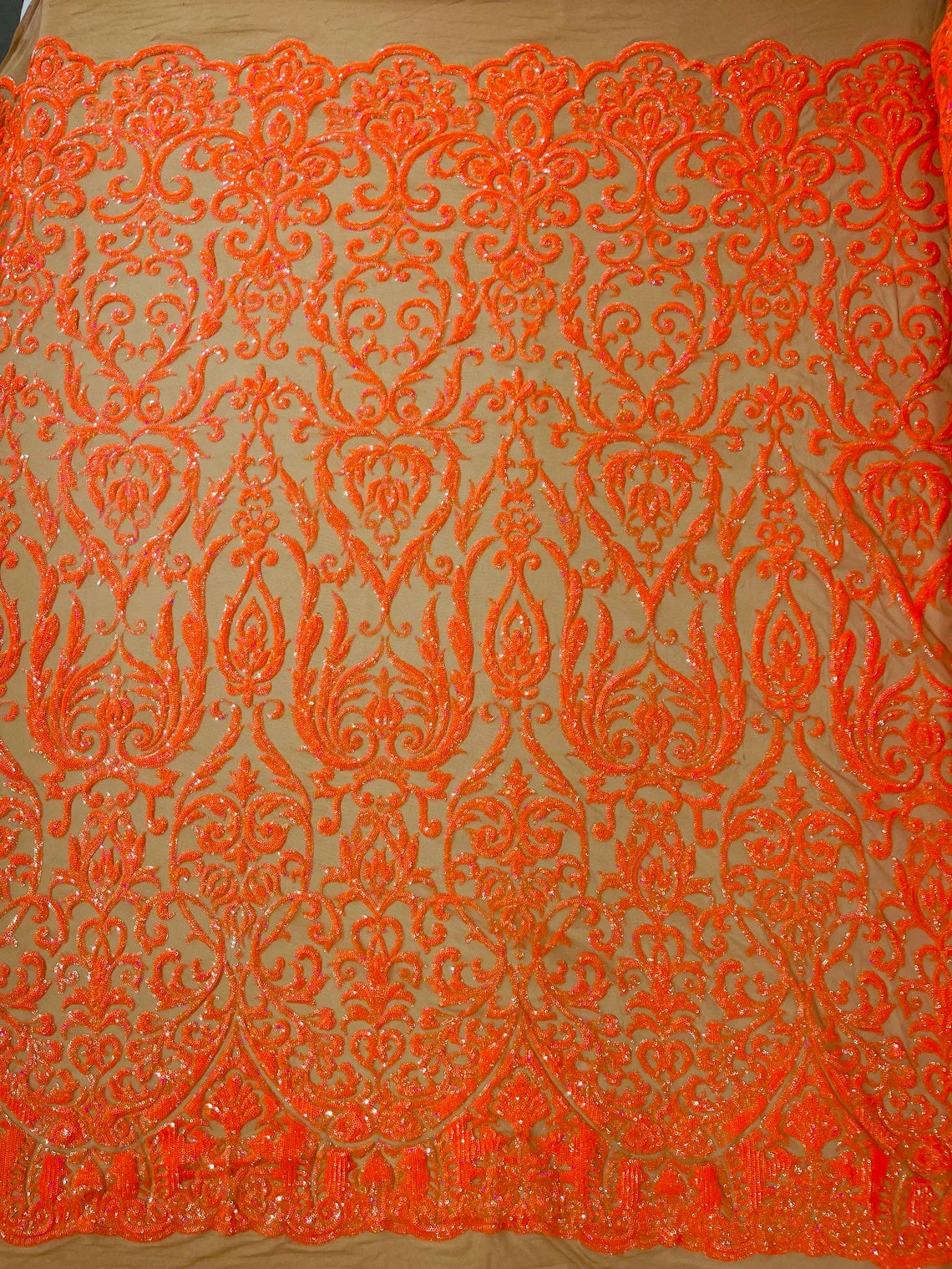 King Damask Design Sequins - Orange Holographic - 4 Way Stretch Lace Mesh Embroidered Sequins By Yard