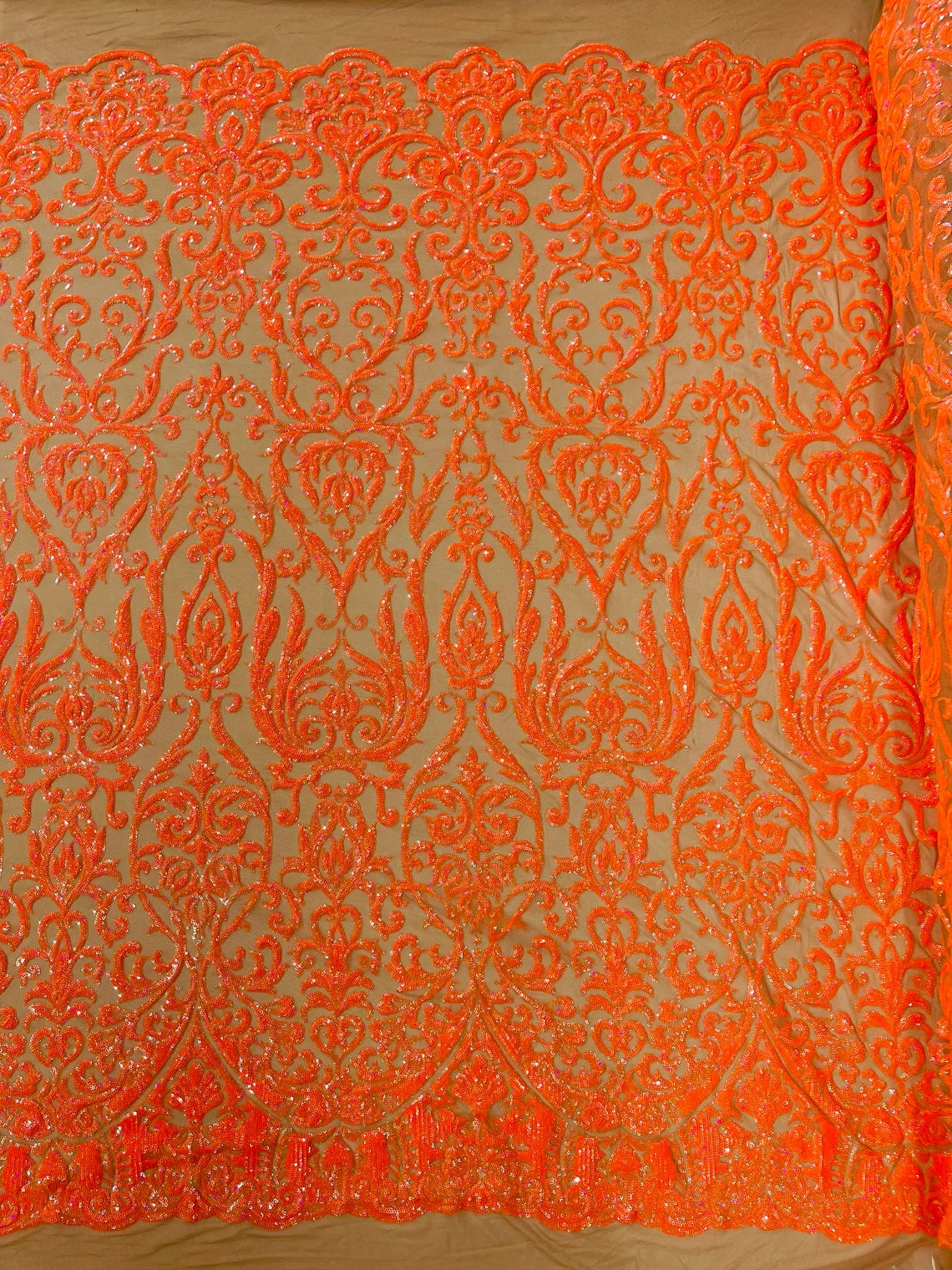 King Damask Design Sequins - Orange Holographic - 4 Way Stretch Lace Mesh Embroidered Sequins By Yard