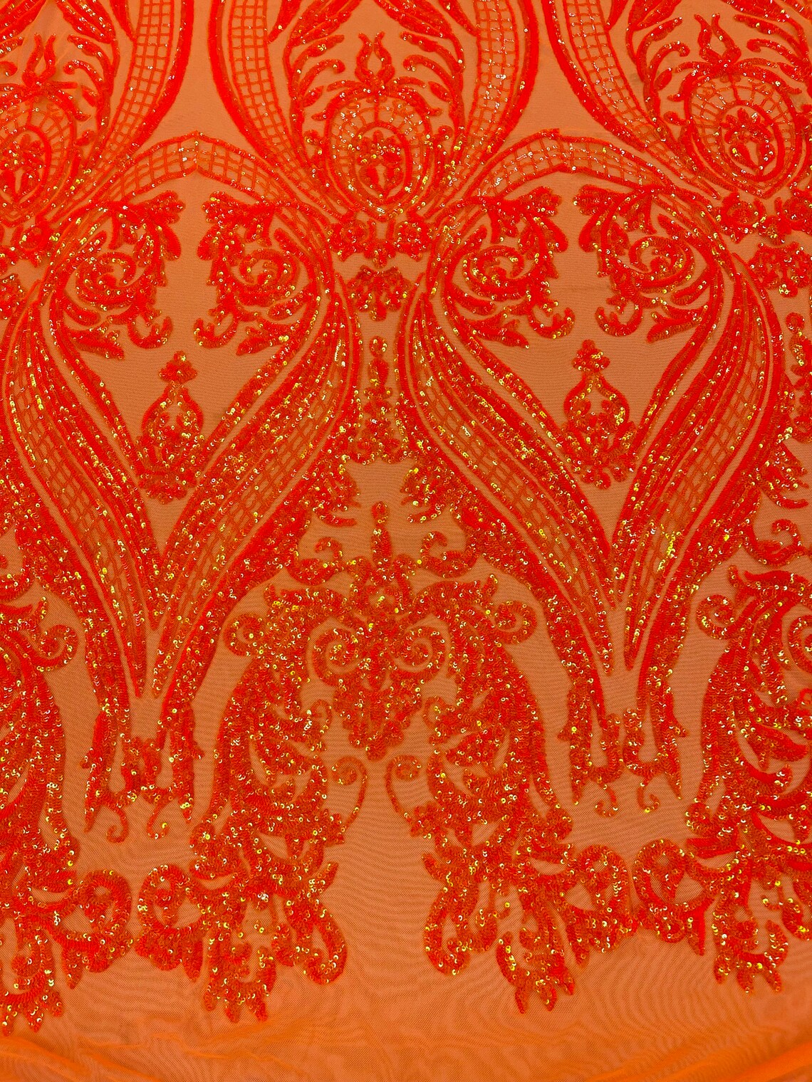 Big Damask 4 Way Sequins - Orange Iridescent - Embroidered Damask Design Sequins Fabric Sold By Yard