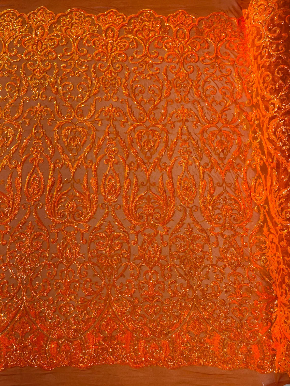 King Damask Design Sequins - Orange Iridescent - 4 Way Stretch Lace Mesh Embroidered Sequins By Yard