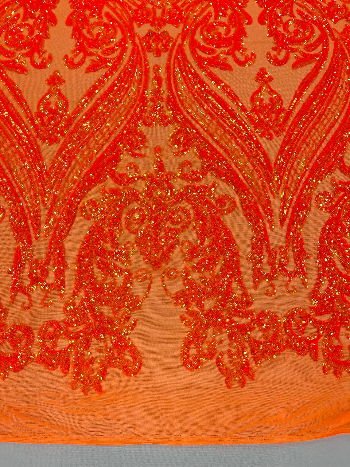 Big Damask 4 Way Sequins - Orange Iridescent - Embroidered Damask Design Sequins Fabric Sold By Yard