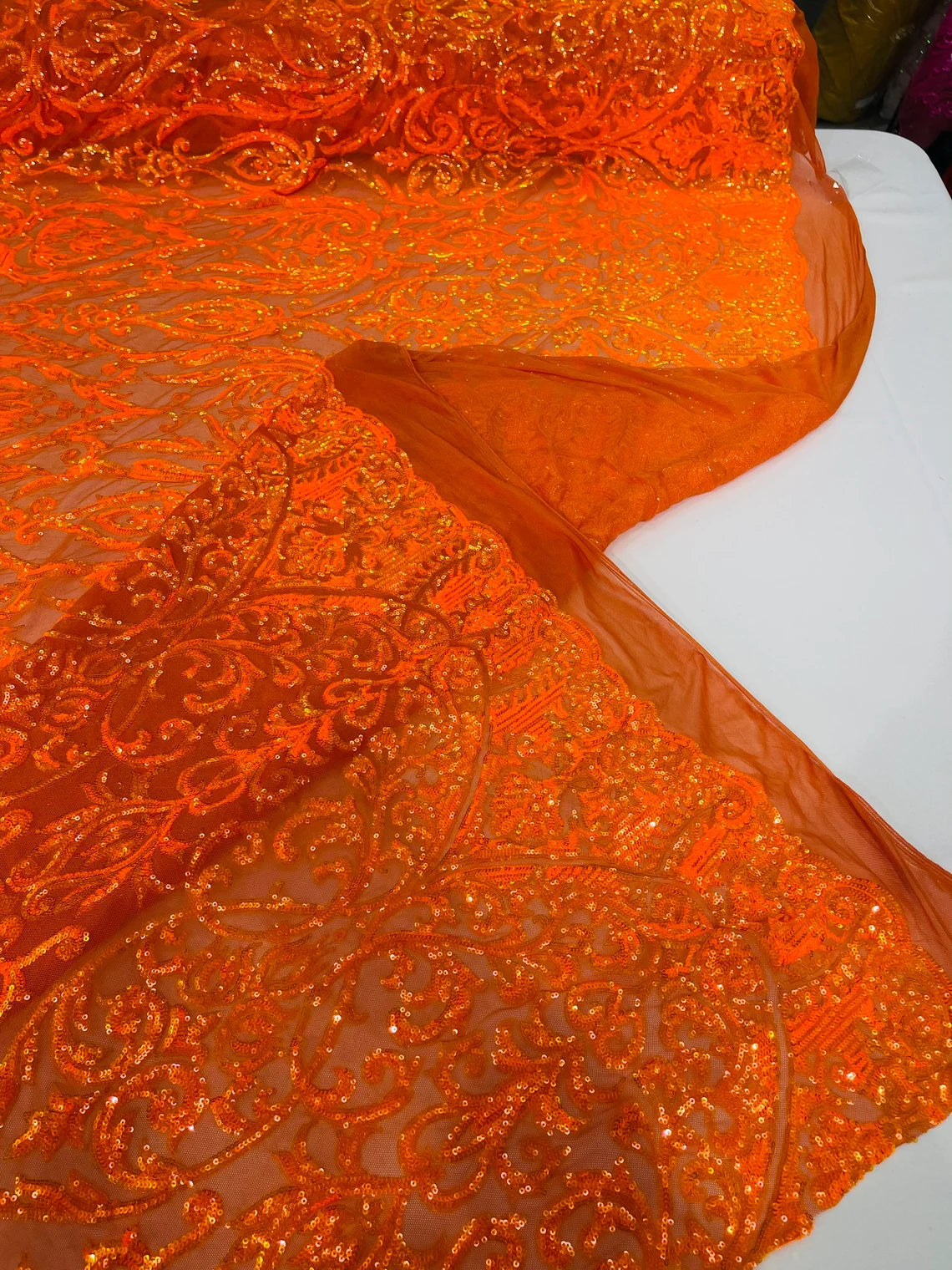 King Damask Design Sequins - Orange Iridescent - 4 Way Stretch Lace Mesh Embroidered Sequins By Yard