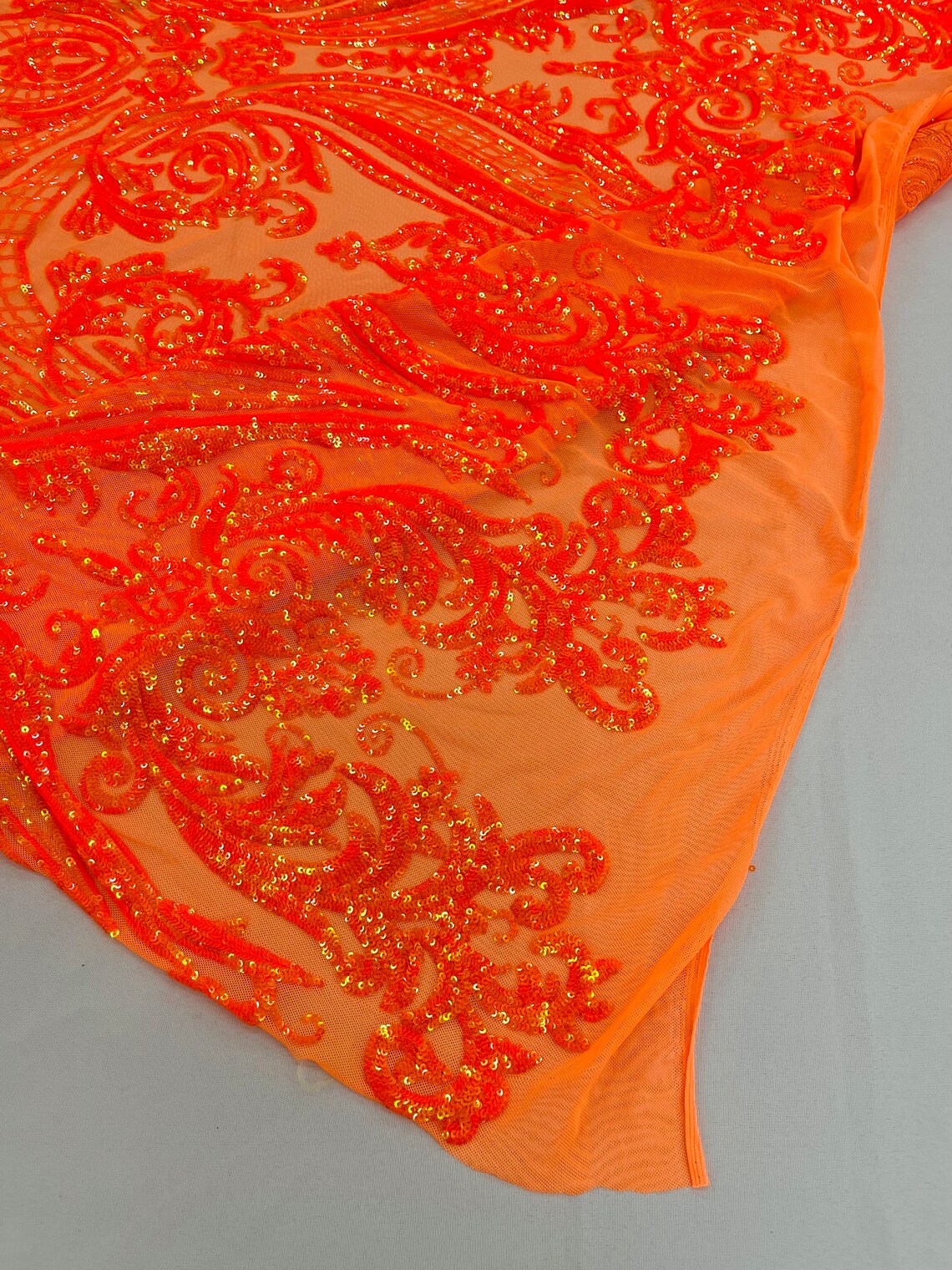 Big Damask 4 Way Sequins - Orange Iridescent - Embroidered Damask Design Sequins Fabric Sold By Yard