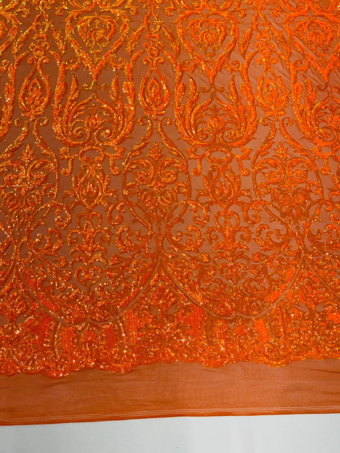 King Damask Design Sequins - Orange Iridescent - 4 Way Stretch Lace Mesh Embroidered Sequins By Yard