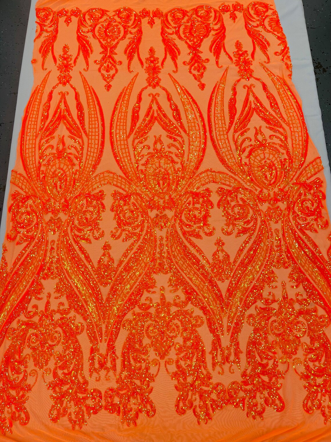 Big Damask 4 Way Sequins - Orange Iridescent - Embroidered Damask Design Sequins Fabric Sold By Yard