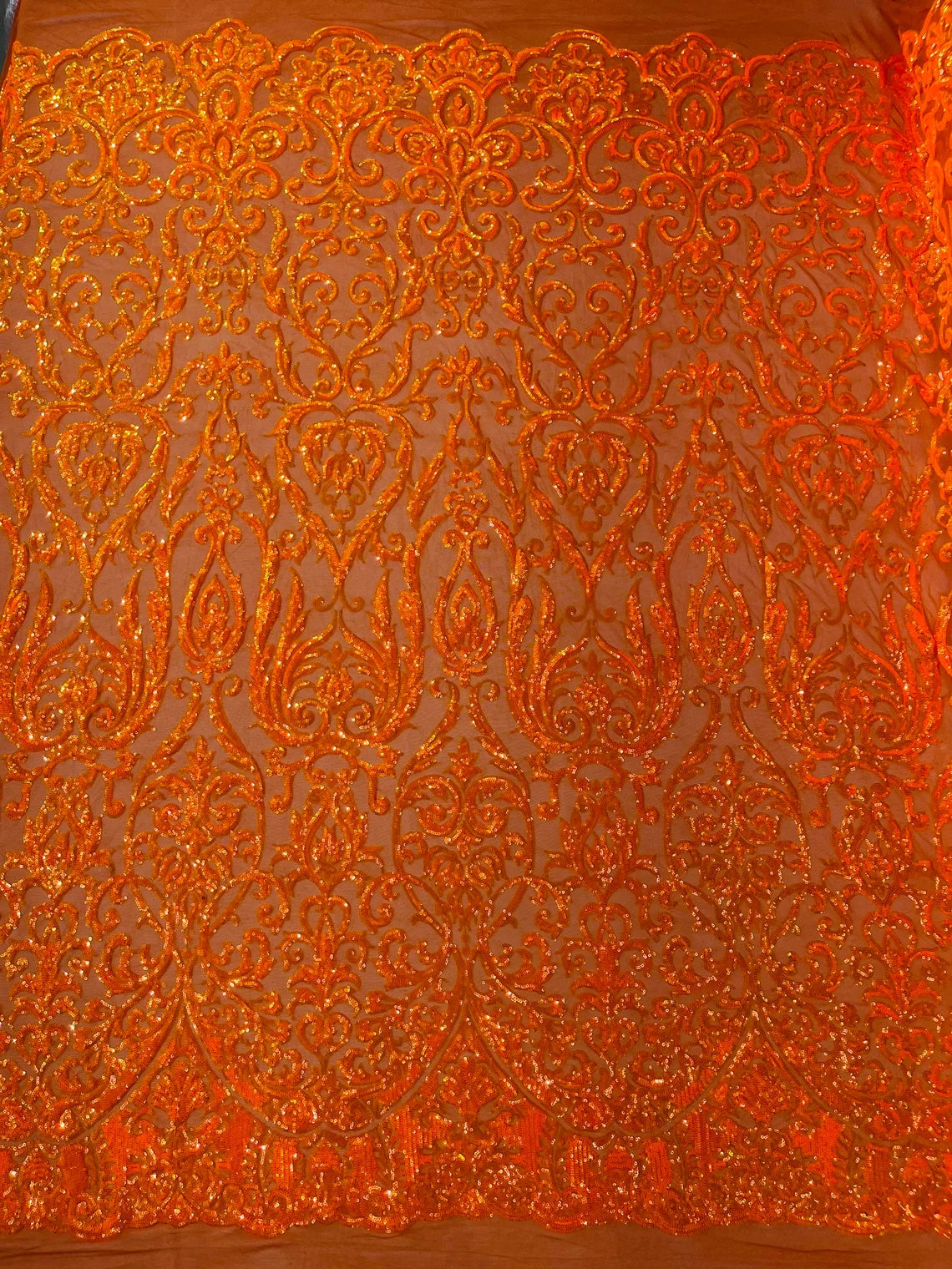 King Damask Design Sequins - Orange Iridescent - 4 Way Stretch Lace Mesh Embroidered Sequins By Yard