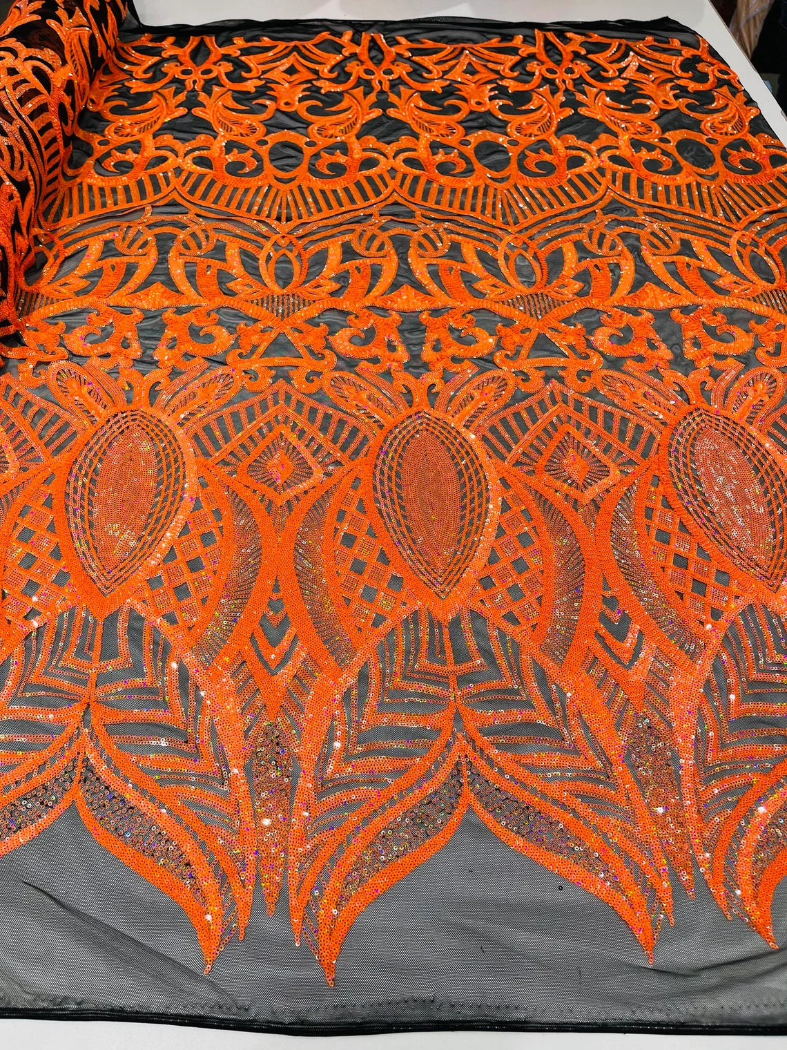 Royalty Damask Sequins Fabric - Orange on Black - Fancy Royal Lace Design 4 Way Stretch Sequins By Yard