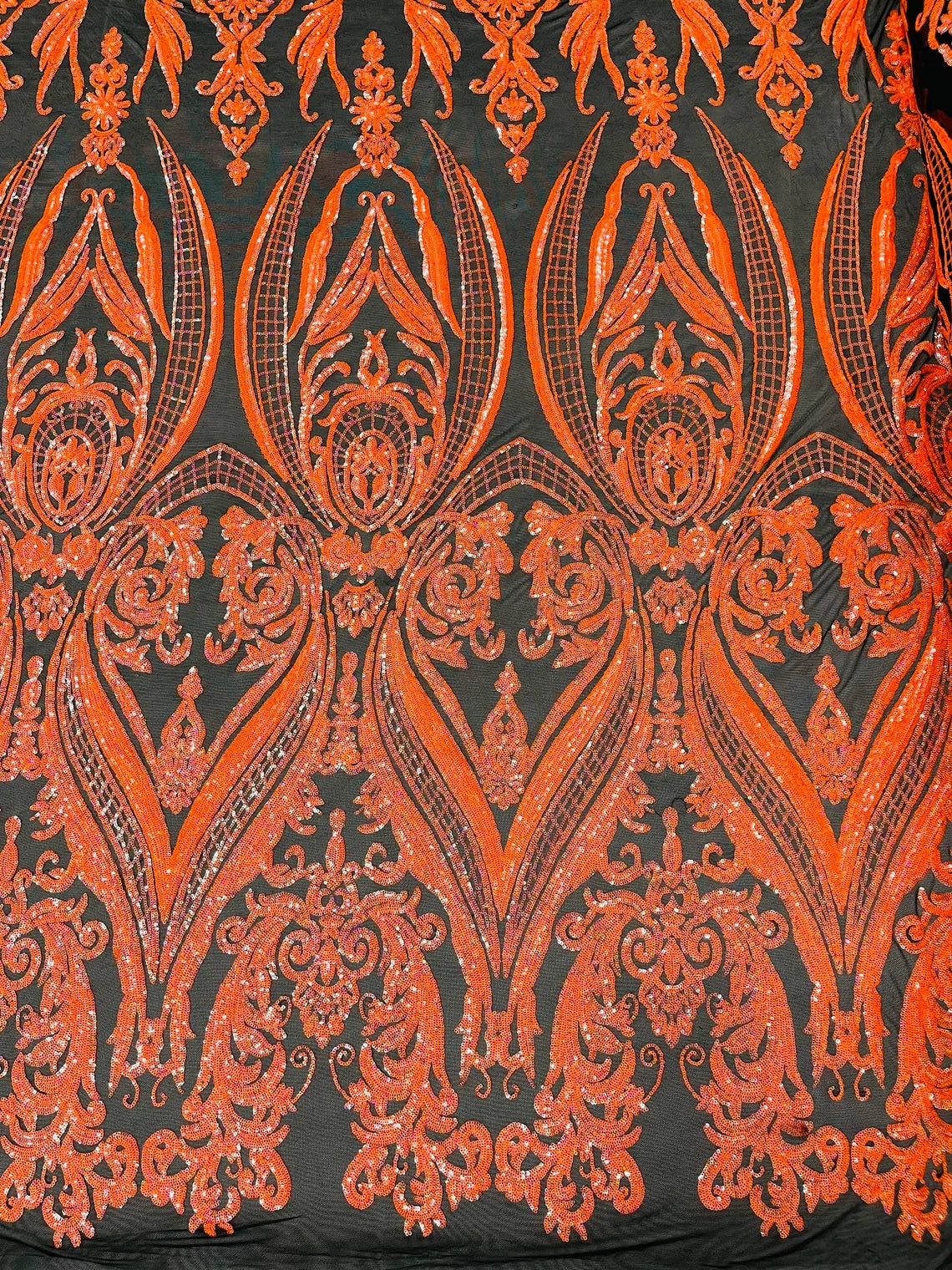 Big Damask 4 Way Sequins - Orange on Black - Embroidered Damask Design Sequins Fabric Sold By Yard