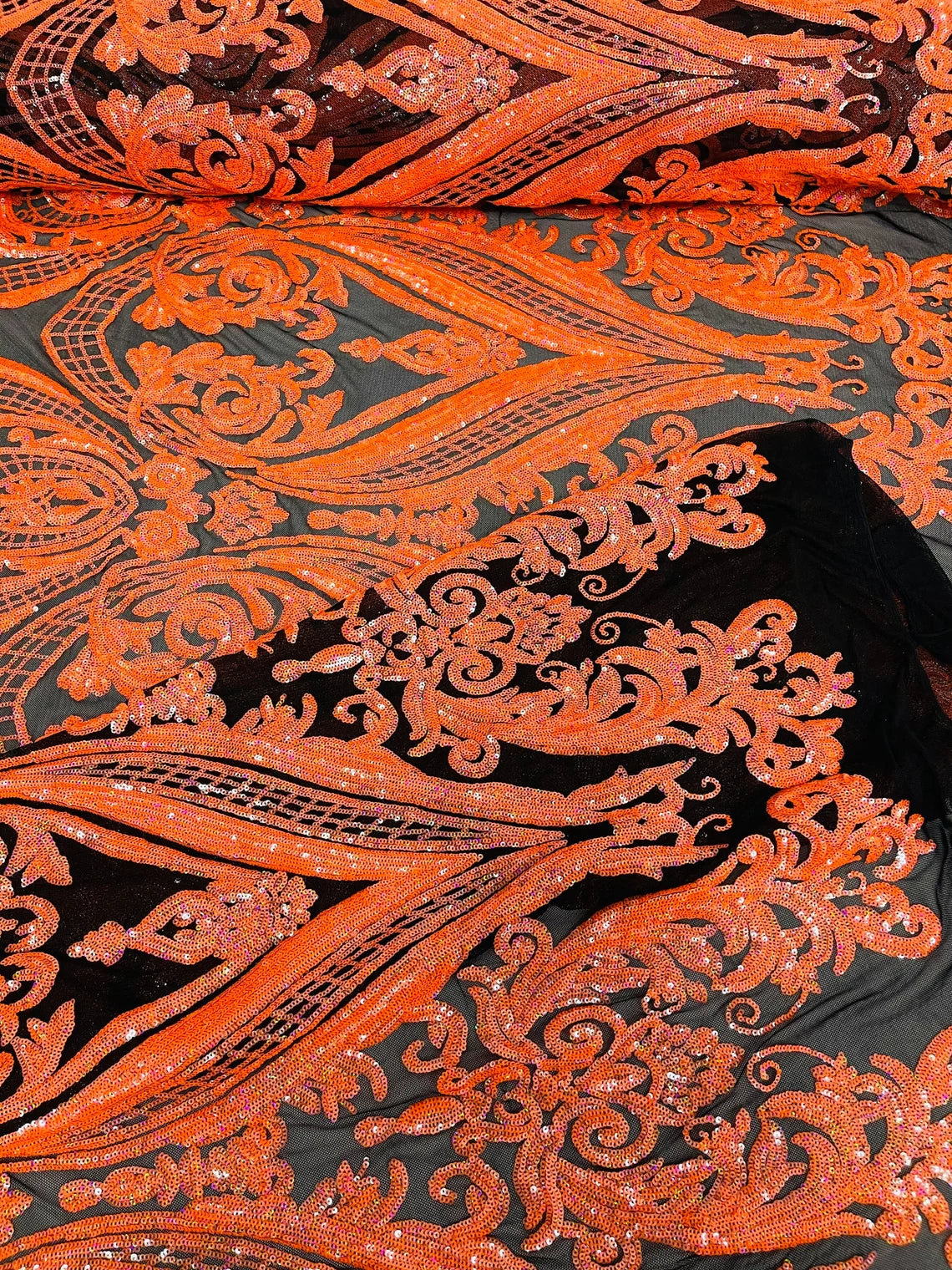 Big Damask 4 Way Sequins - Orange on Black - Embroidered Damask Design Sequins Fabric Sold By Yard