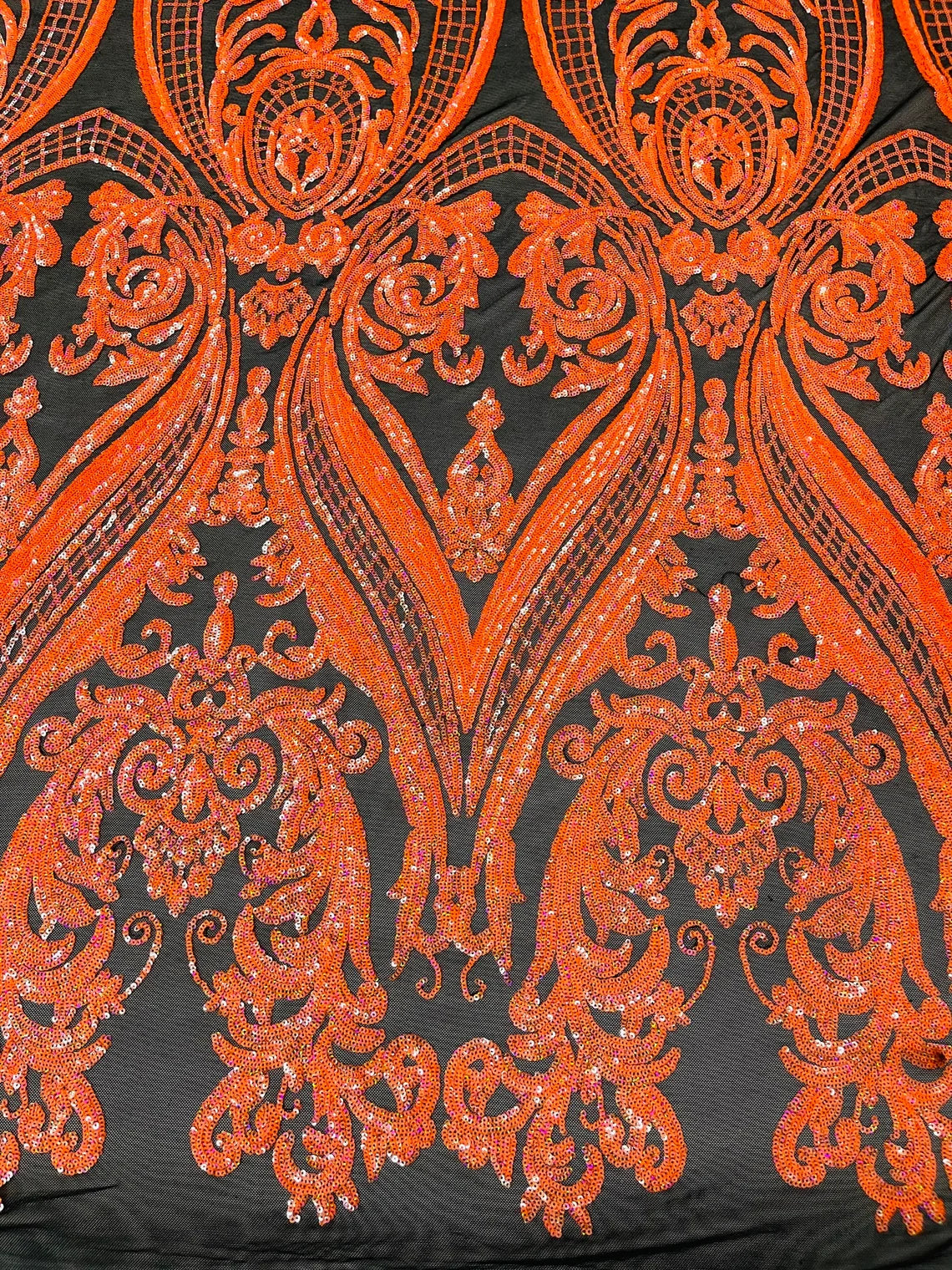 Big Damask 4 Way Sequins - Orange on Black - Embroidered Damask Design Sequins Fabric Sold By Yard