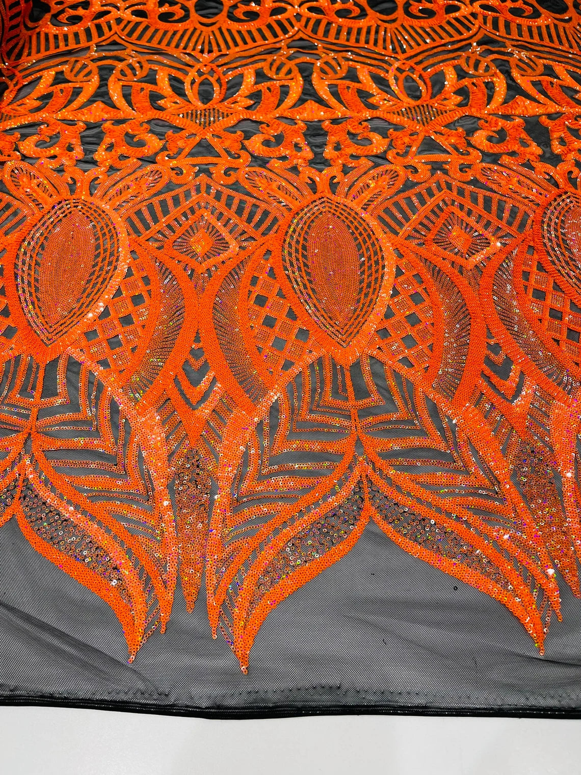 Royalty Damask Sequins Fabric - Orange on Black - Fancy Royal Lace Design 4 Way Stretch Sequins By Yard