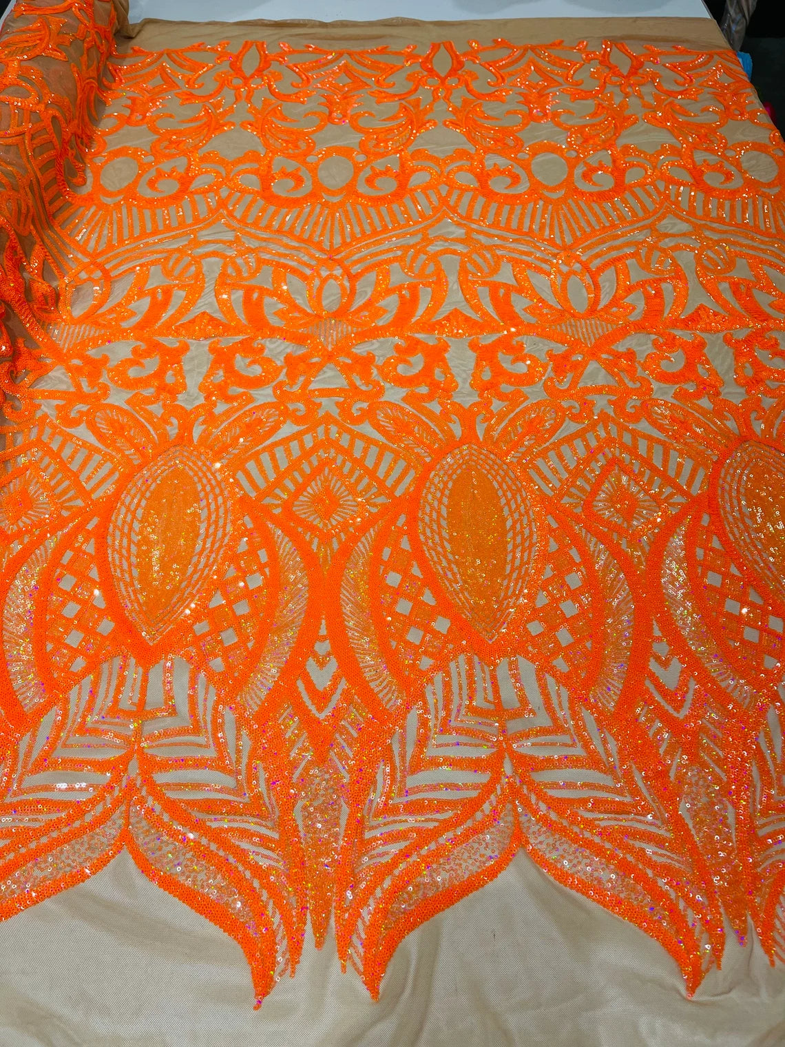 Royalty Damask Sequins Fabric - Orange on Nude - Fancy Royal Lace Design 4 Way Stretch Sequins By Yard