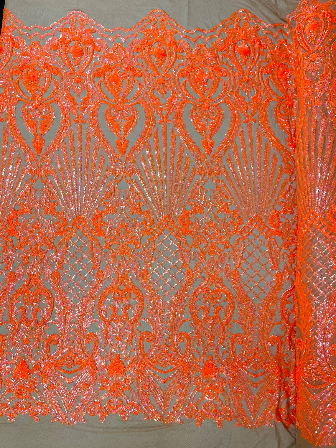 Seashell Geometric Sequins - Orange on Nude - Embroidered Sequins on 4 Way Stretch Lace Mesh Sold By Yard