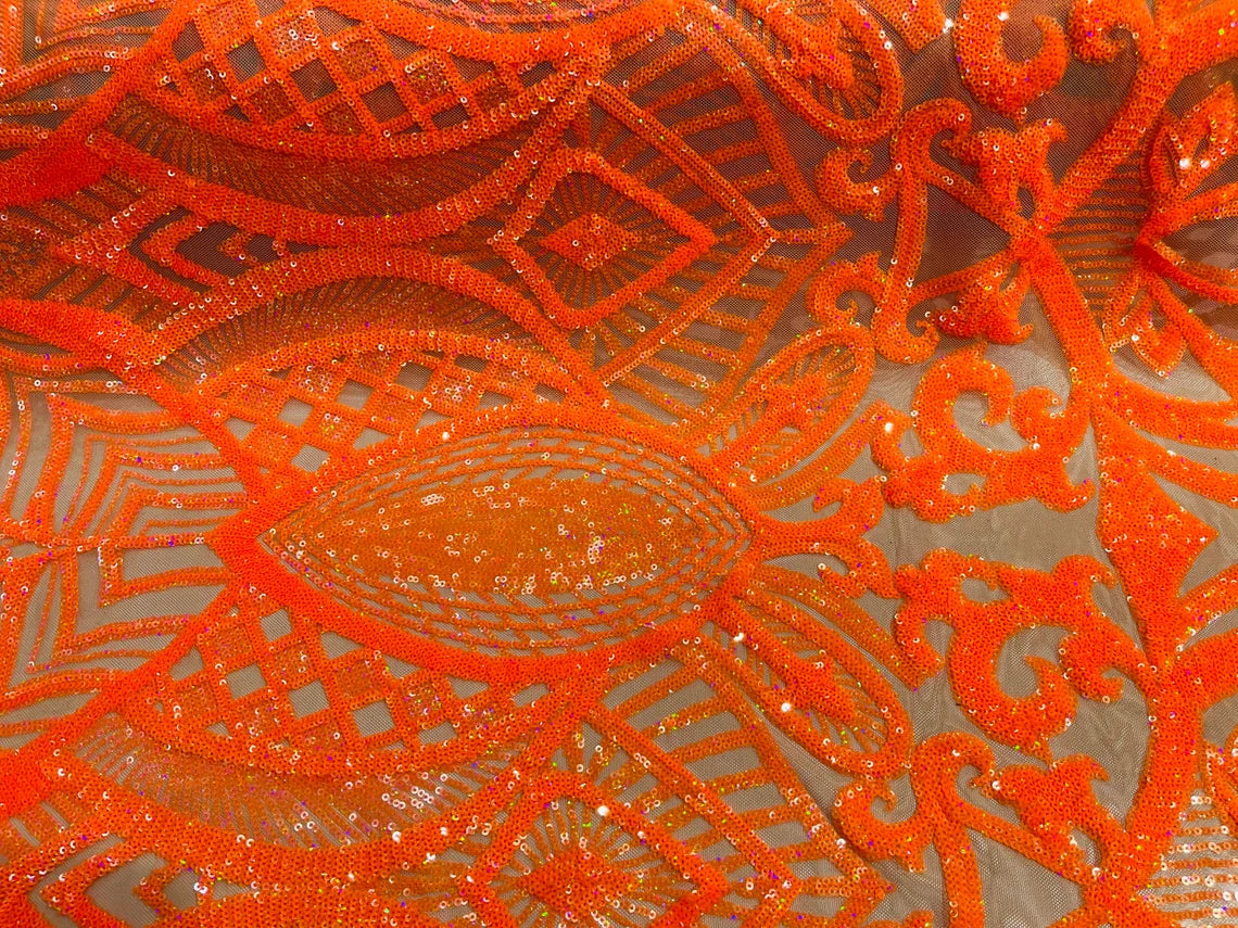 Royalty Damask Sequins Fabric - Orange on Nude - Fancy Royal Lace Design 4 Way Stretch Sequins By Yard