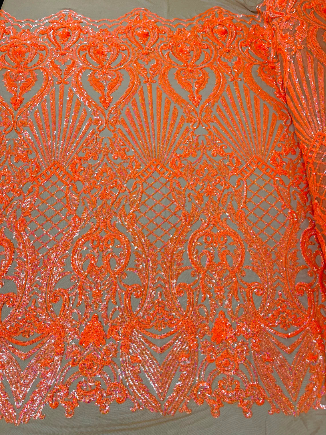 Seashell Geometric Sequins - Orange on Nude - Embroidered Sequins on 4 Way Stretch Lace Mesh Sold By Yard