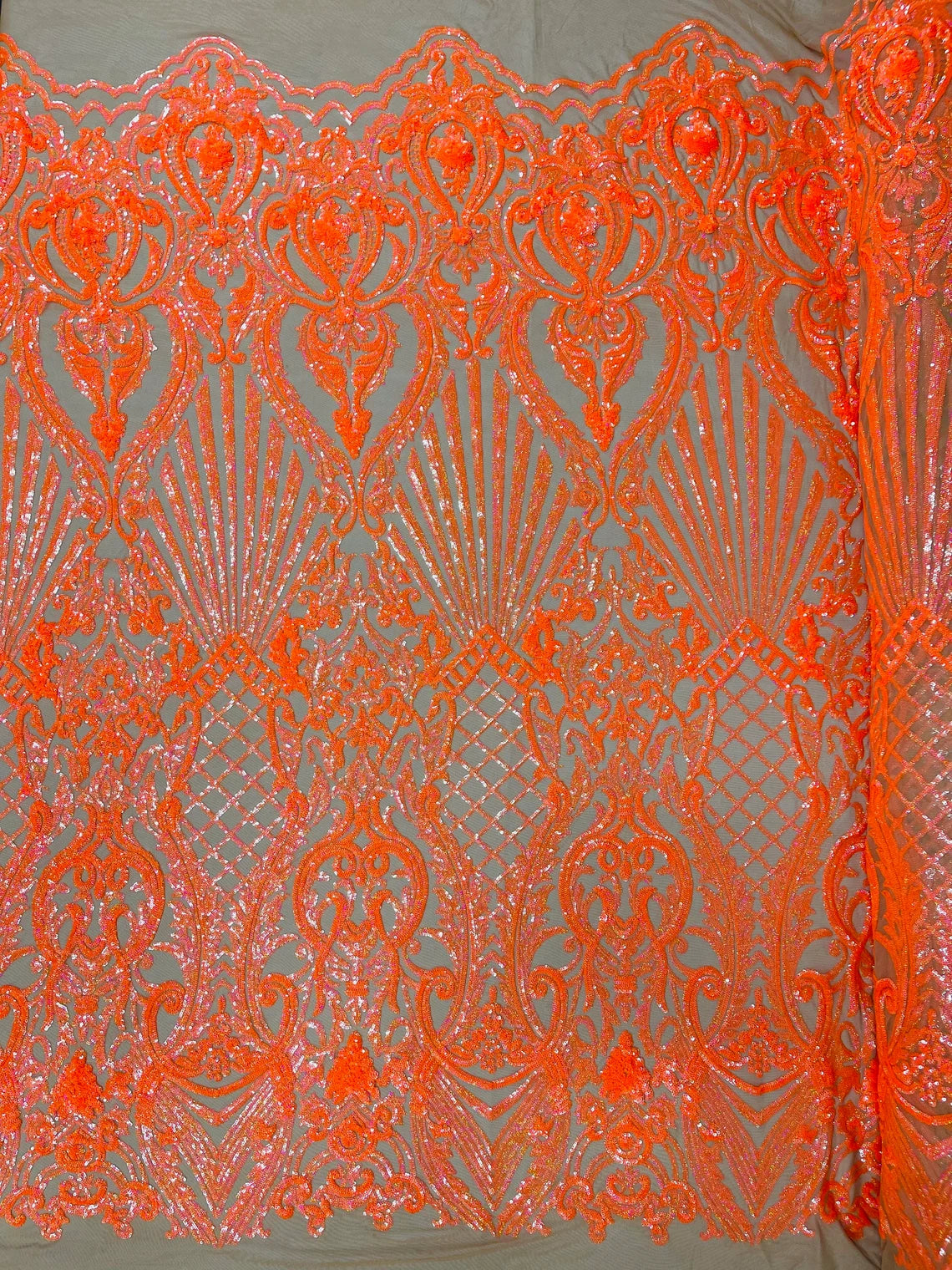 Seashell Geometric Sequins - Orange on Nude - Embroidered Sequins on 4 Way Stretch Lace Mesh Sold By Yard