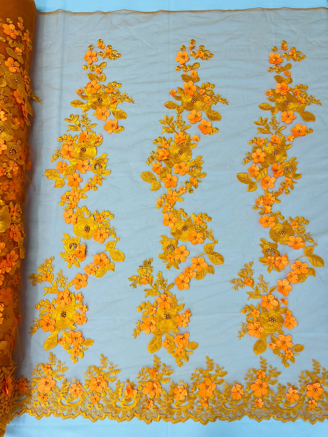 3D Flower Panels Fabric - Orange - Flower Panels Bead Embroidered on Lace Fabric Sold By Yard