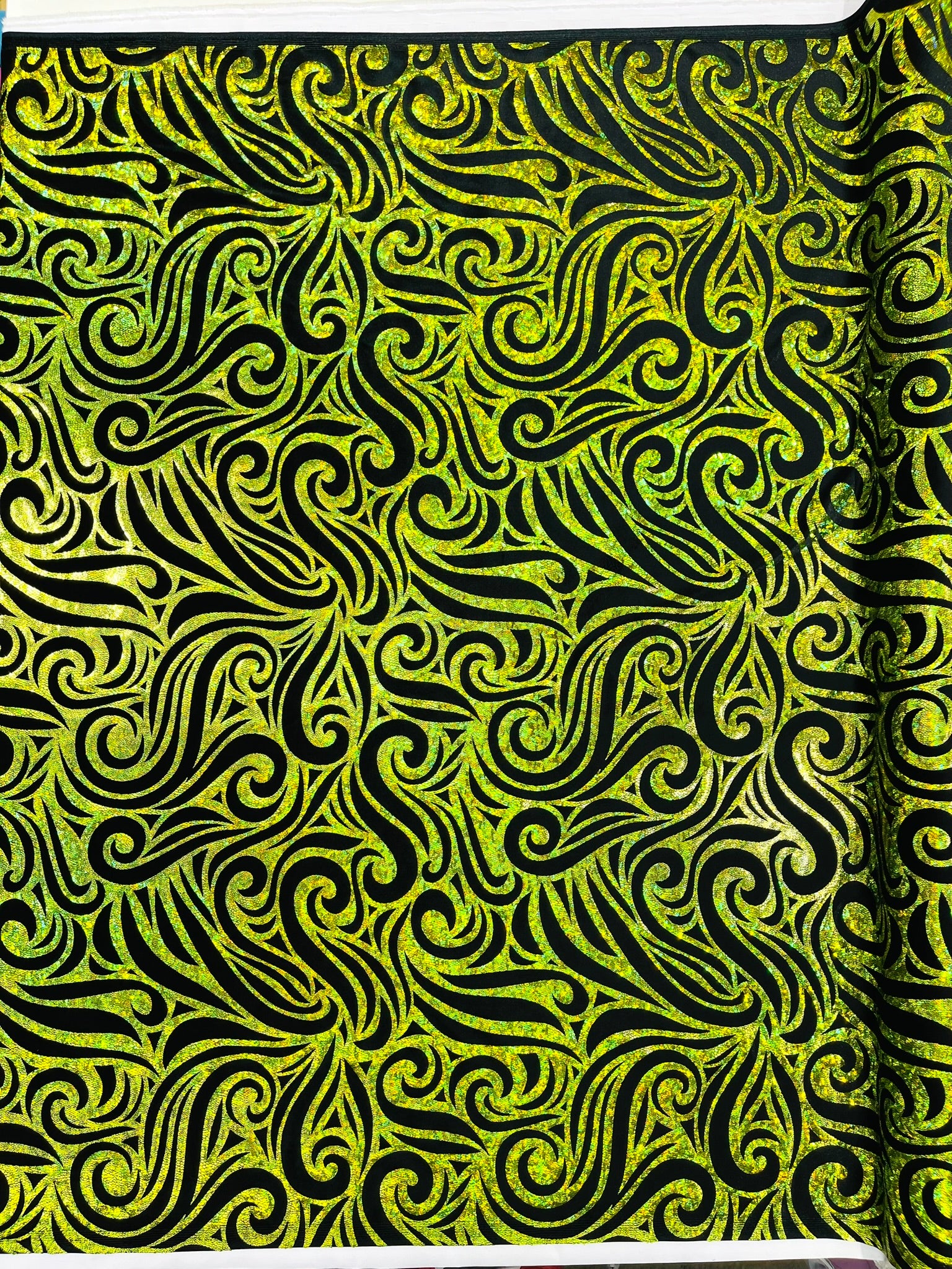 Holographic Foil Tribal Flame Design On A Stretch Velvet Fabric. Sold By The Yard