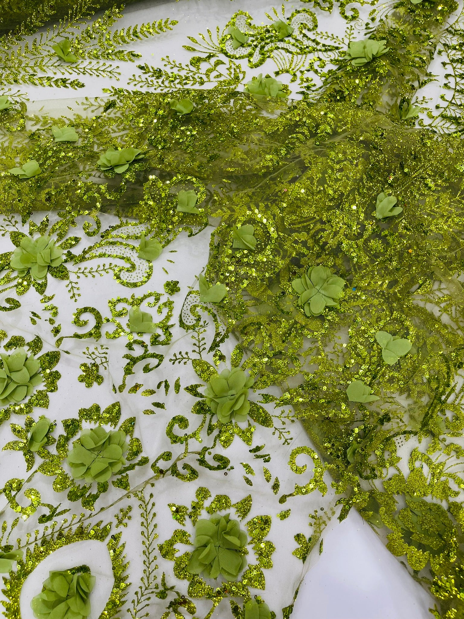 Floral 3D Palm Damask with glitter in a Mesh Lace- Sold by the yard