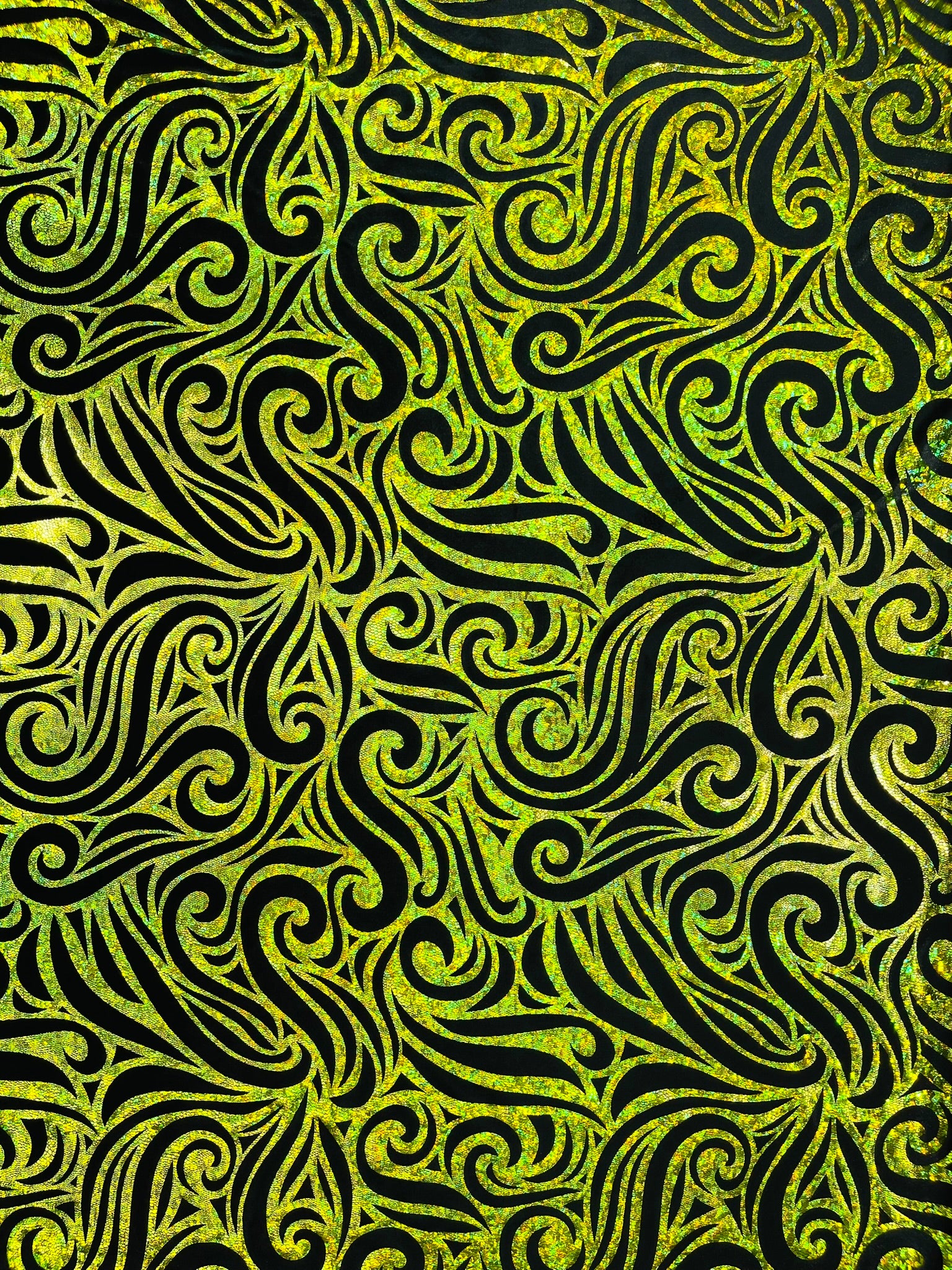 Holographic Foil Tribal Flame Design On A Stretch Velvet Fabric. Sold By The Yard