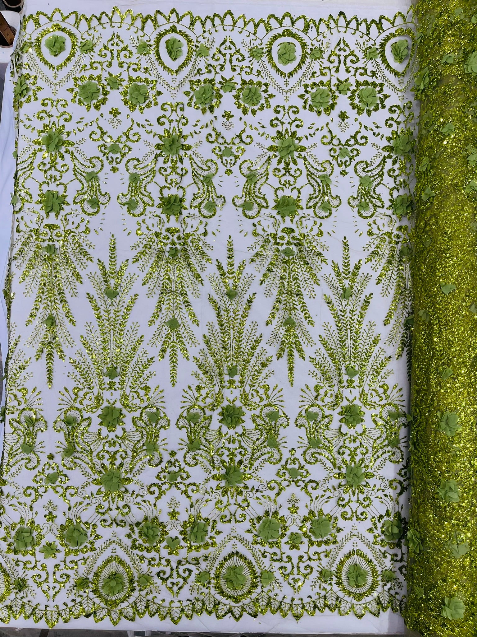 Floral 3D Palm Damask with glitter in a Mesh Lace- Sold by the yard