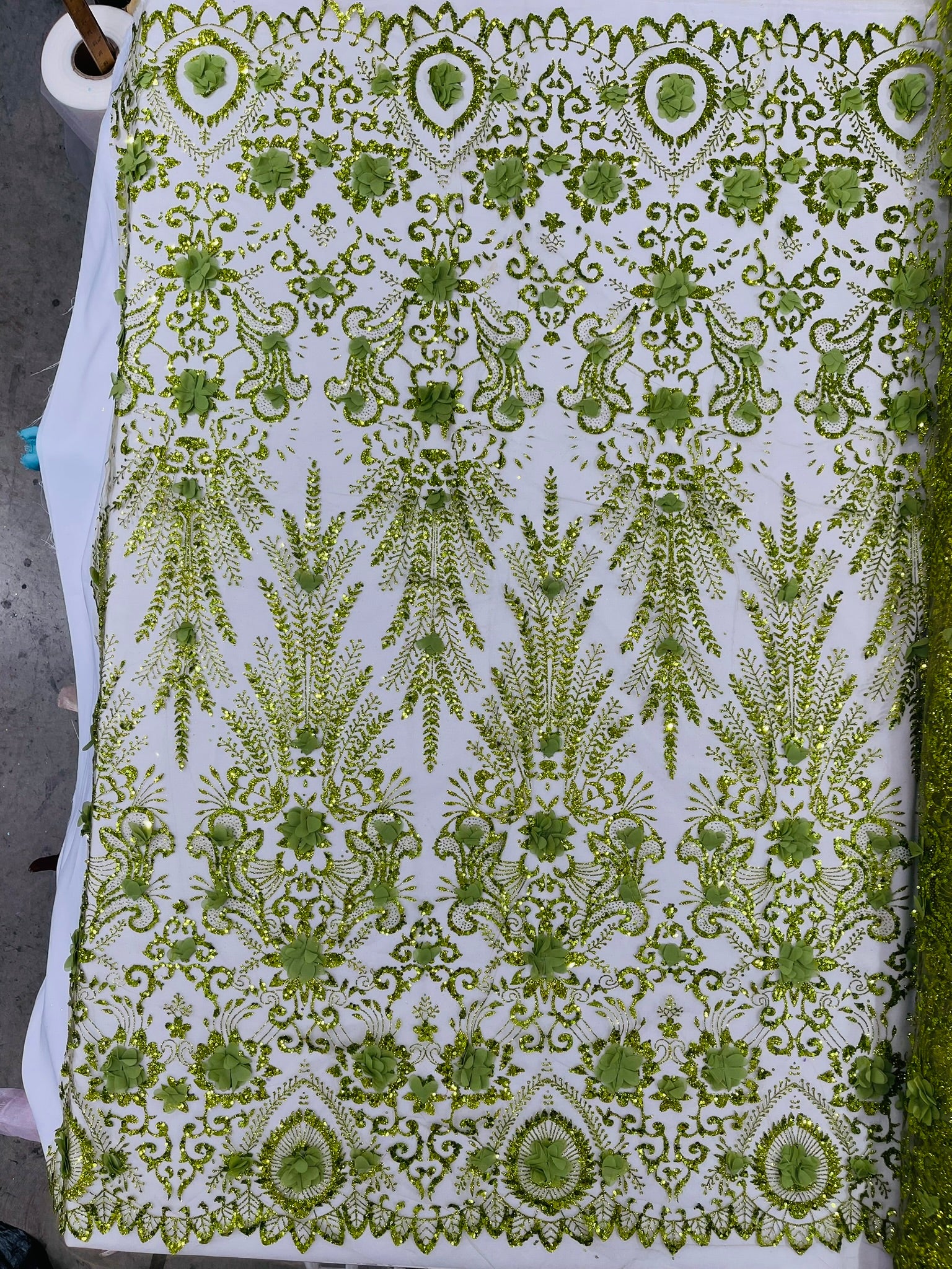 Floral 3D Palm Damask with glitter in a Mesh Lace- Sold by the yard