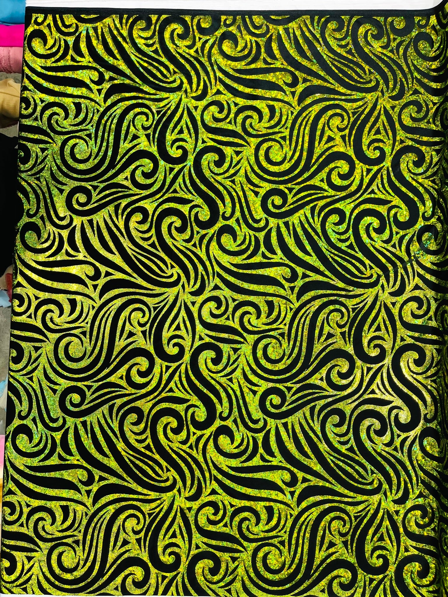 Holographic Foil Tribal Flame Design On A Stretch Velvet Fabric. Sold By The Yard