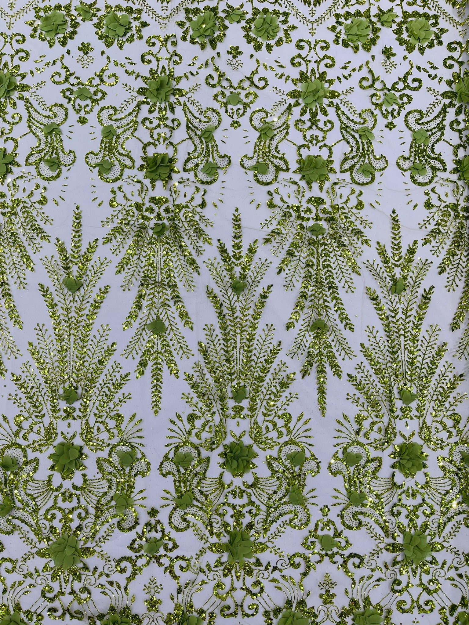 Floral 3D Palm Damask with glitter in a Mesh Lace- Sold by the yard