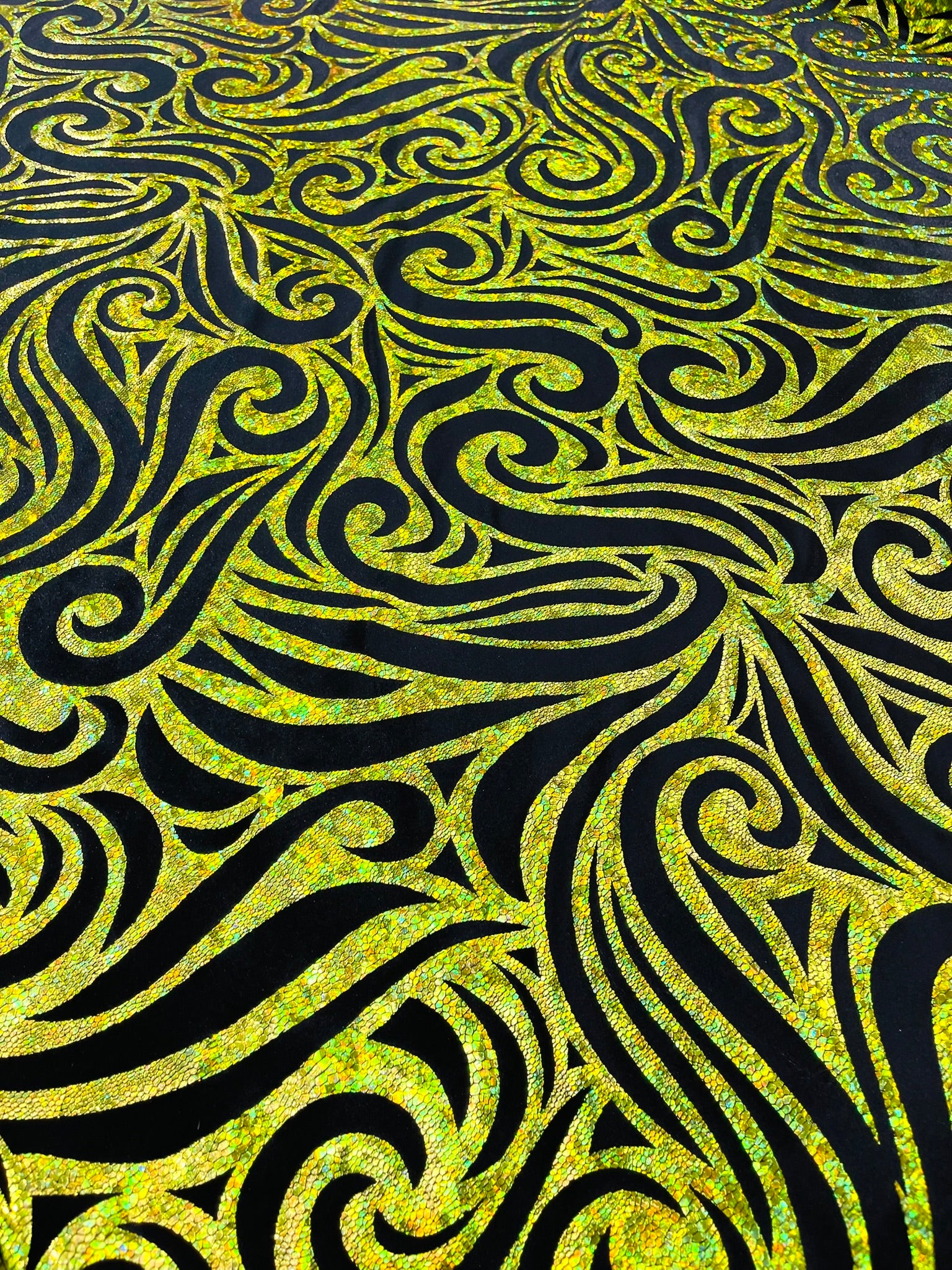 Holographic Foil Tribal Flame Design On A Stretch Velvet Fabric. Sold By The Yard