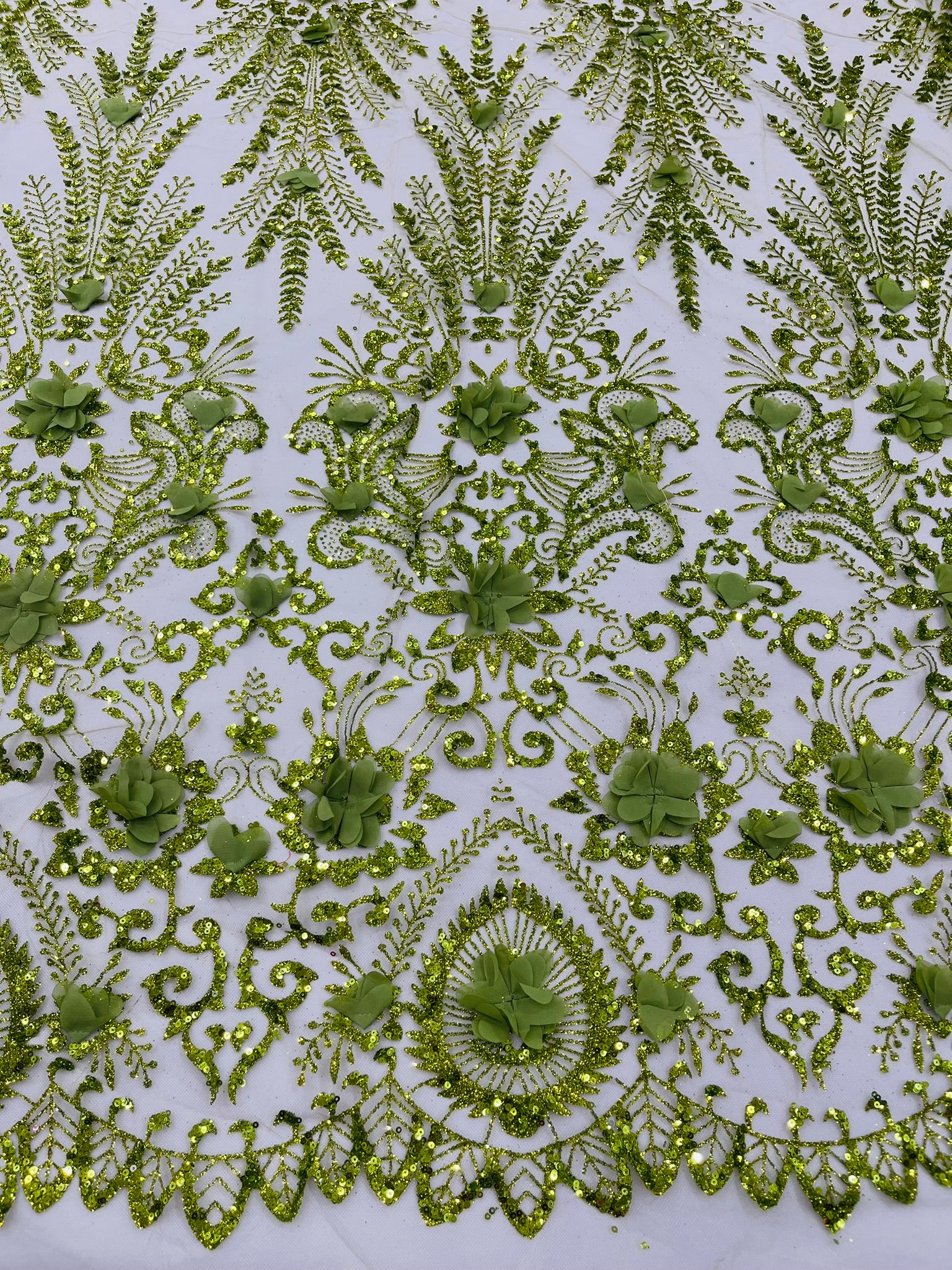 Floral 3D Palm Damask with glitter in a Mesh Lace- Sold by the yard