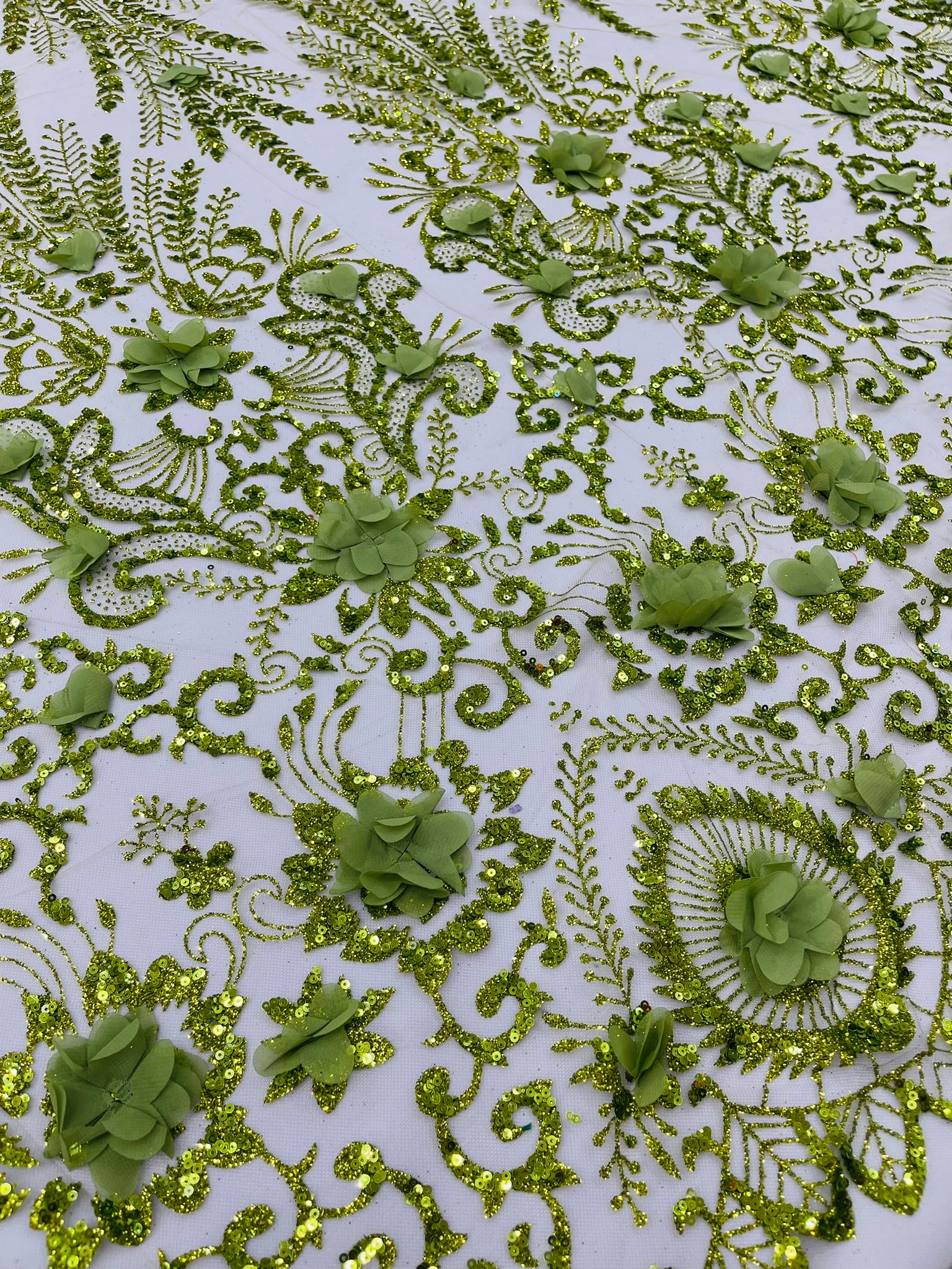 Floral 3D Palm Damask with glitter in a Mesh Lace- Sold by the yard
