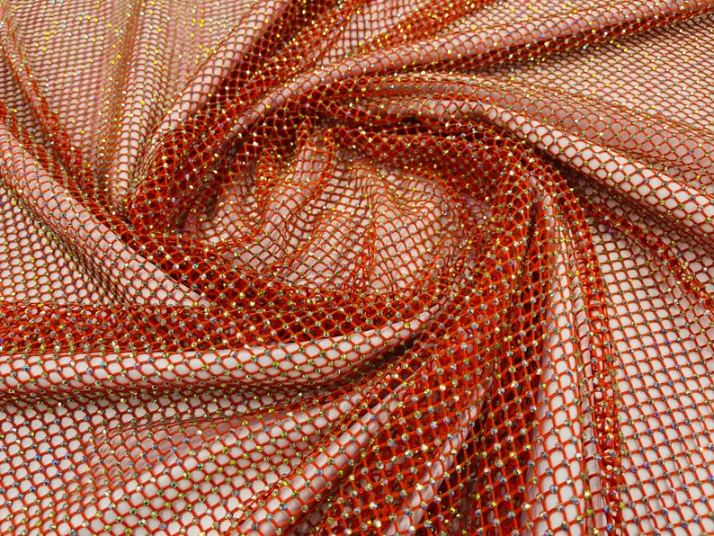 AB Iridescent Rhinestones On Soft Stretch Fish Net Fabric 45" Wide -sold by The Yard.