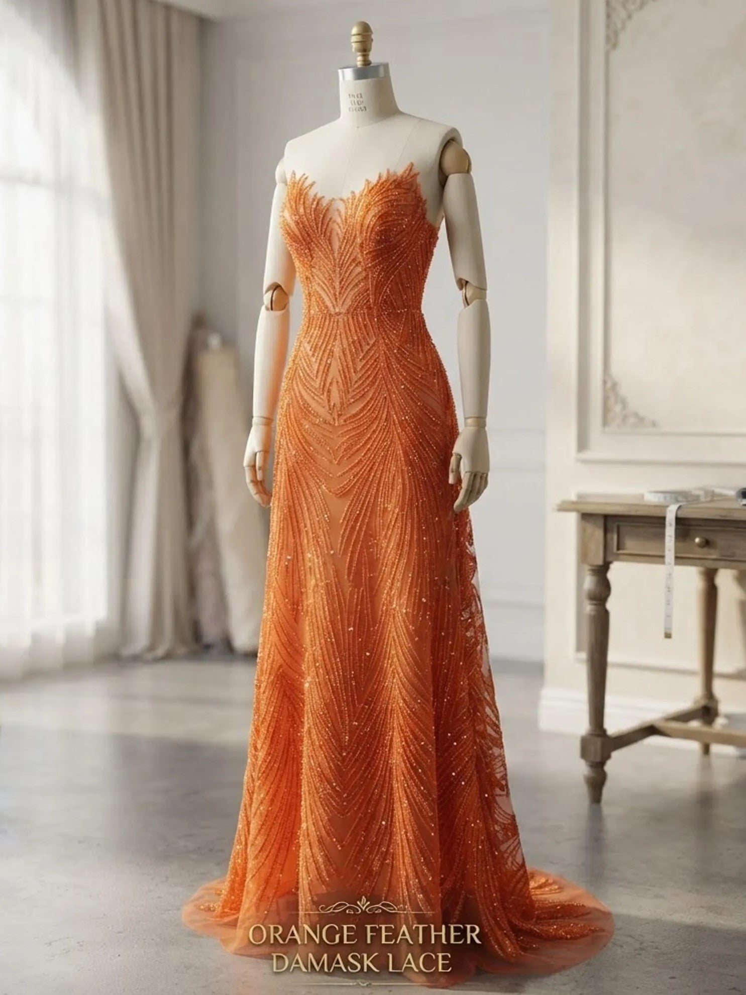 Luxury Feather Damask Beaded Lace Fabric| Prom| Wedding| By The Yard.