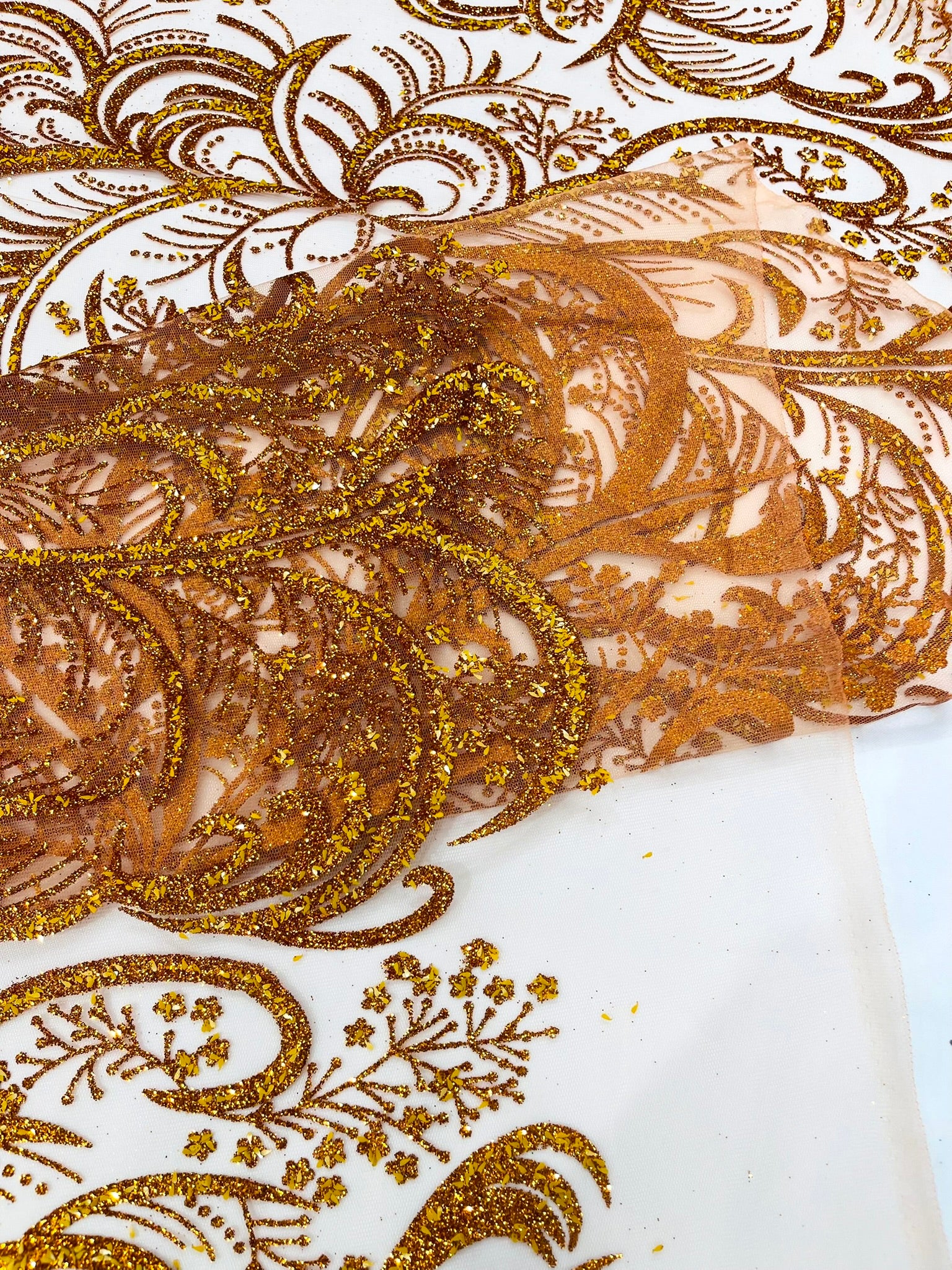 Palm Glitter Vine Design On A Mesh Lace Fabric 58"' Wide Prom.