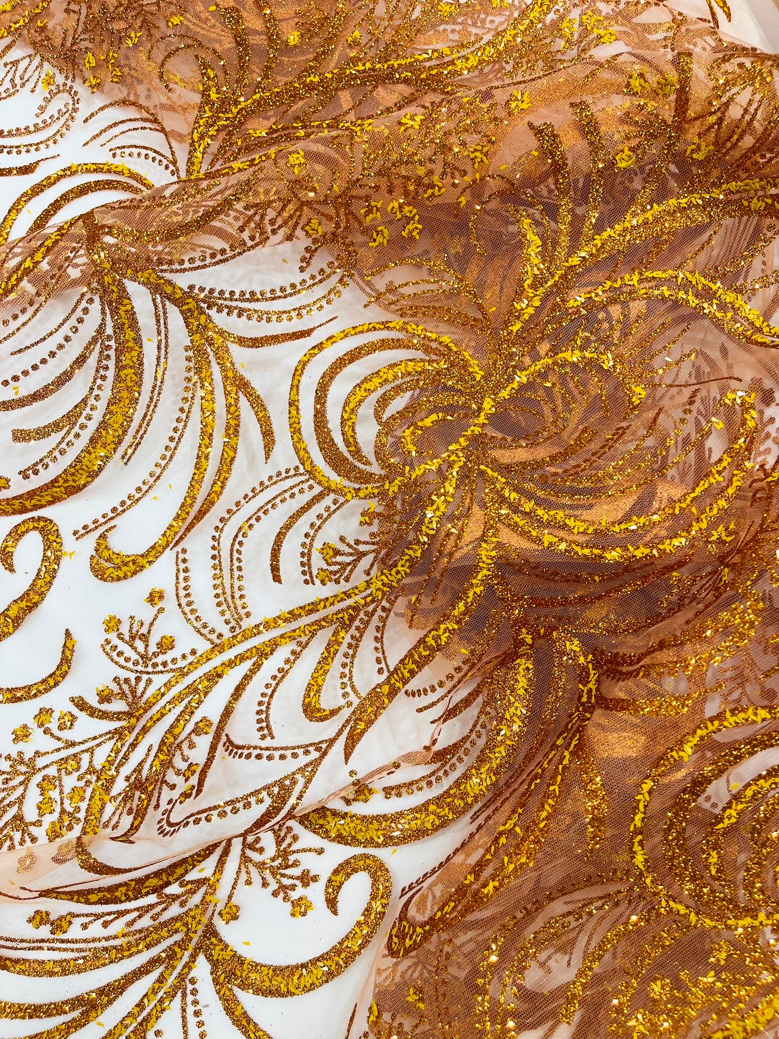 Palm Glitter Vine Design On A Mesh Lace Fabric 58"' Wide Prom.