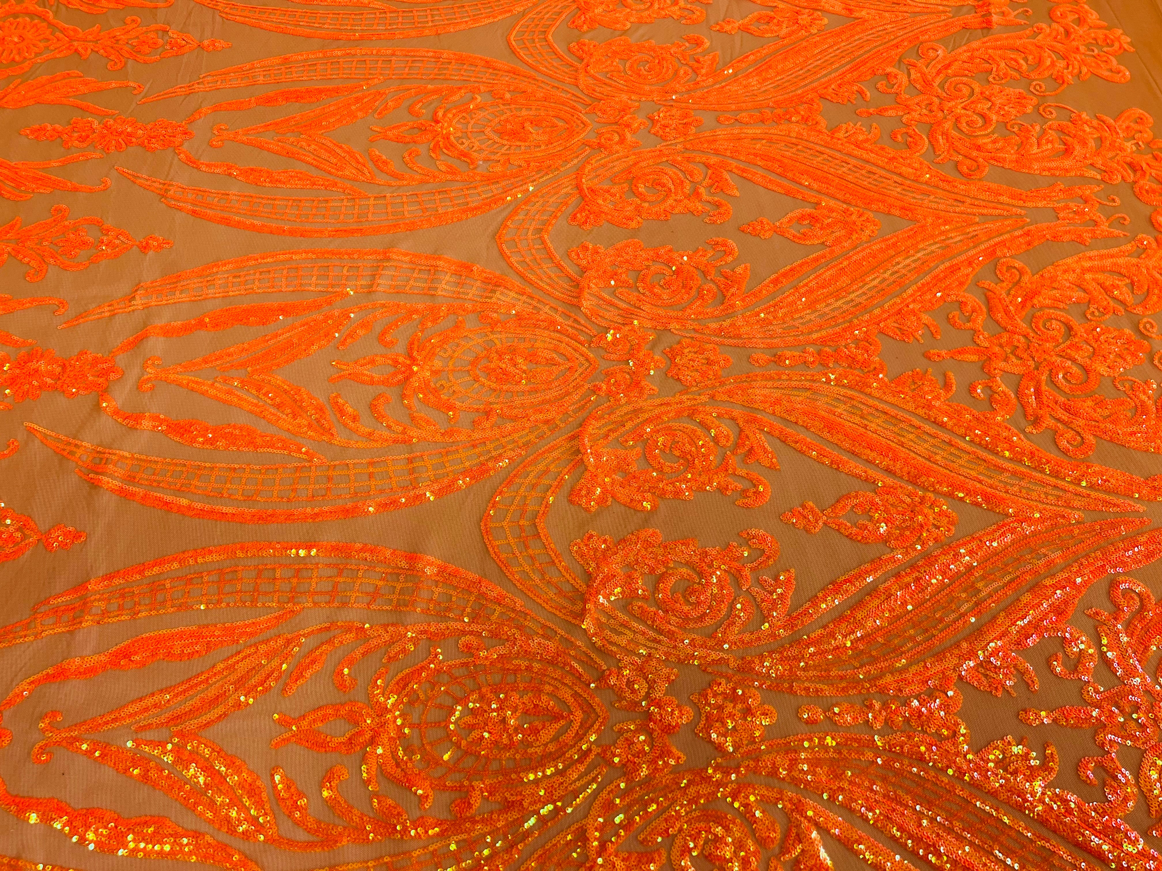 Big Damask 4 Way Sequins - Aqua Iridescent on White - Embroidered Damask Design Sequins Fabric Sold By Yard