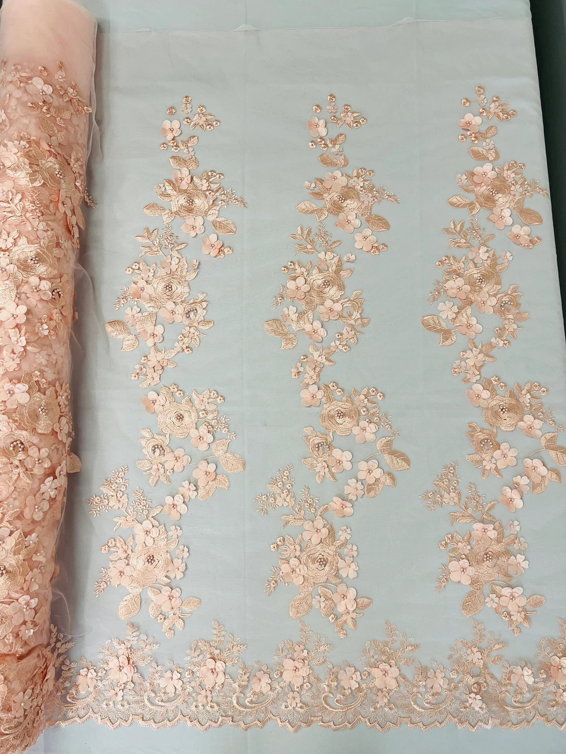 3D Flower Panels Fabric - Peach - Flower Panels Bead Embroidered on Lace Fabric Sold By Yard