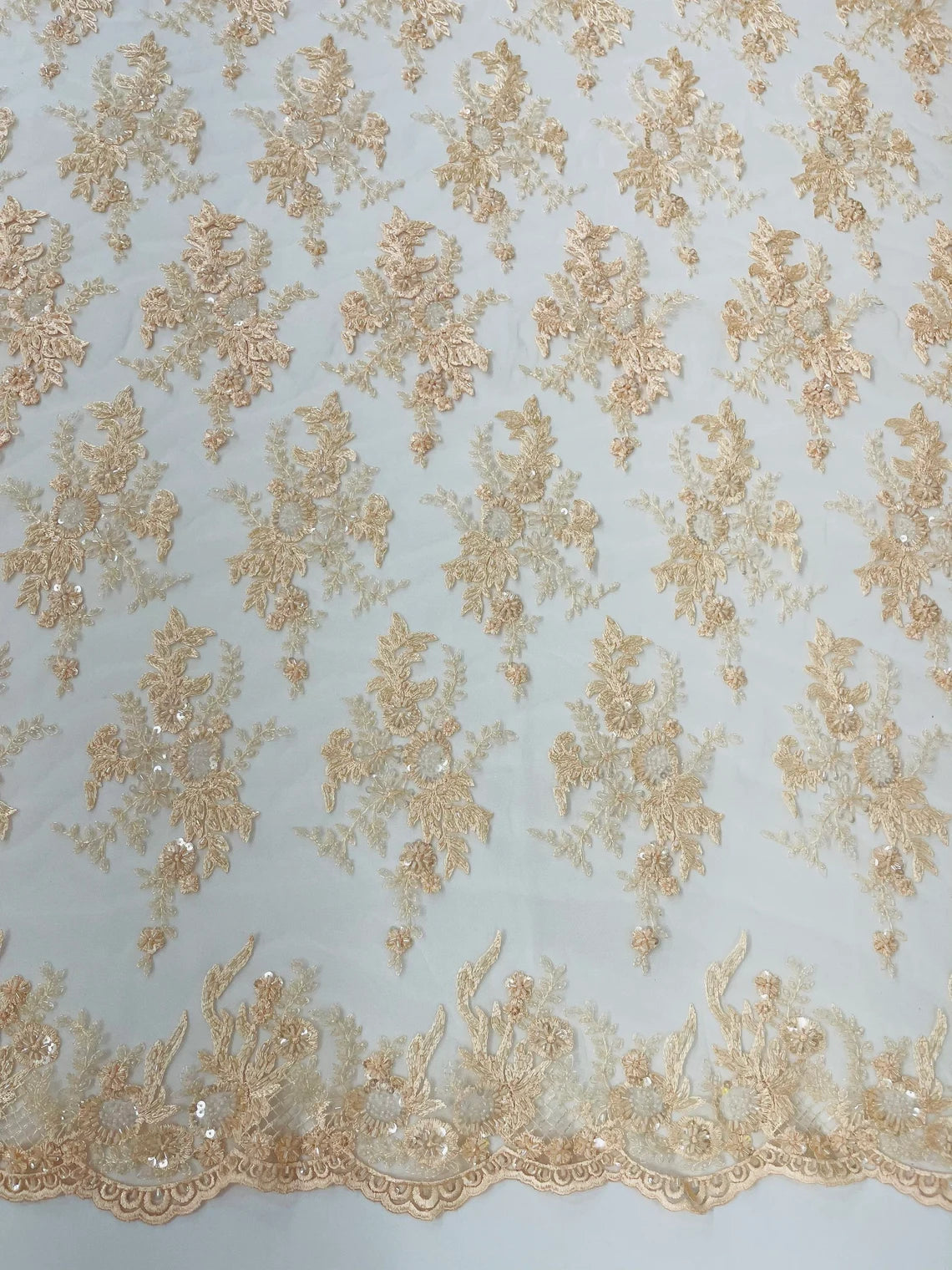 Floral Leaf Bead Sequins Fabric - Peach - Embroidered Flower and Leaves Design Fabric By Yard