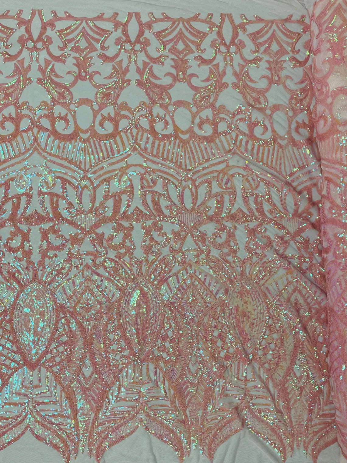 Royalty Damask Sequins Fabric - Pink / Coral - Fancy Royal Lace Design 4 Way Stretch Sequins By Yard