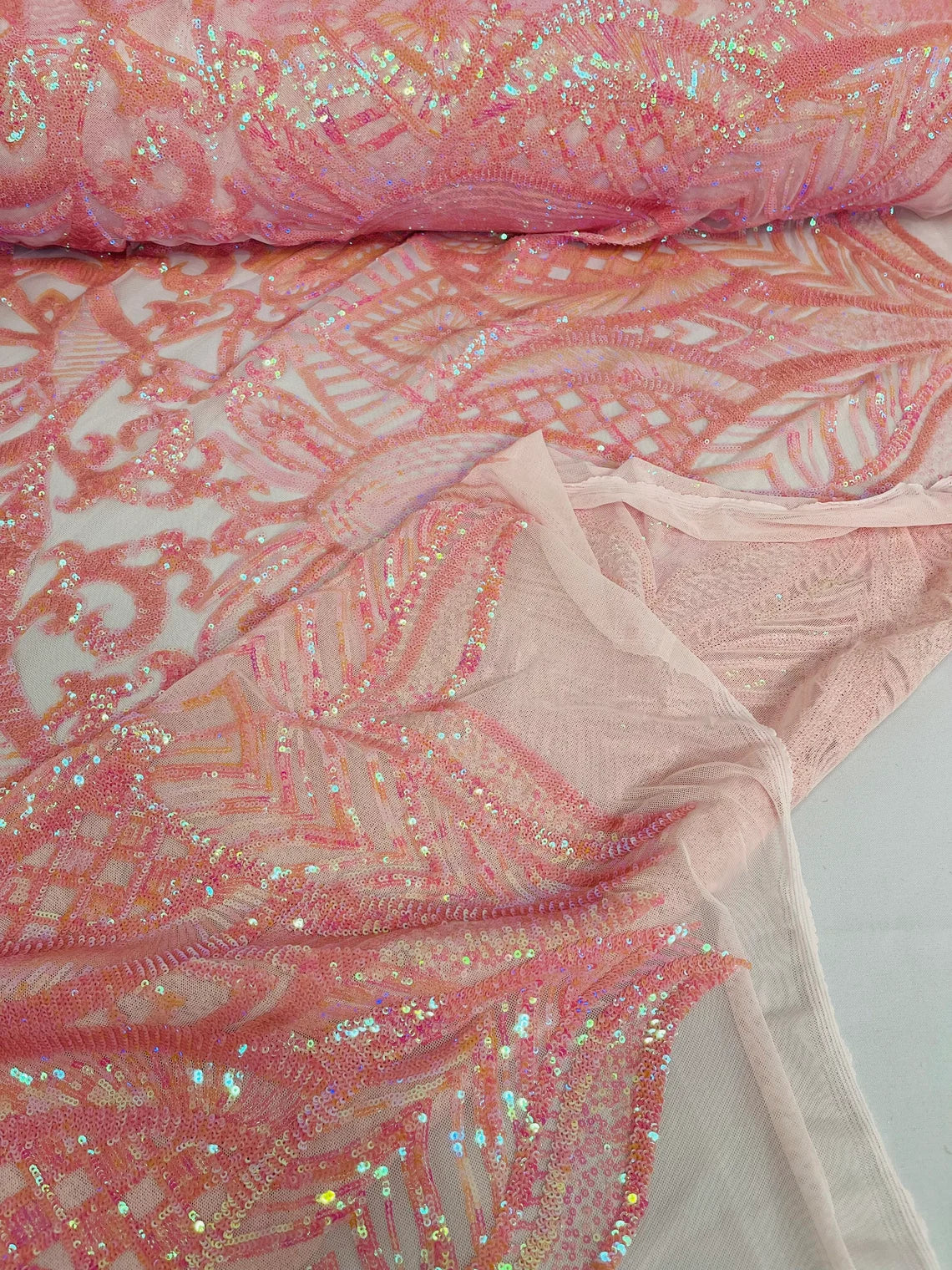 Royalty Damask Sequins Fabric - Pink / Coral - Fancy Royal Lace Design 4 Way Stretch Sequins By Yard