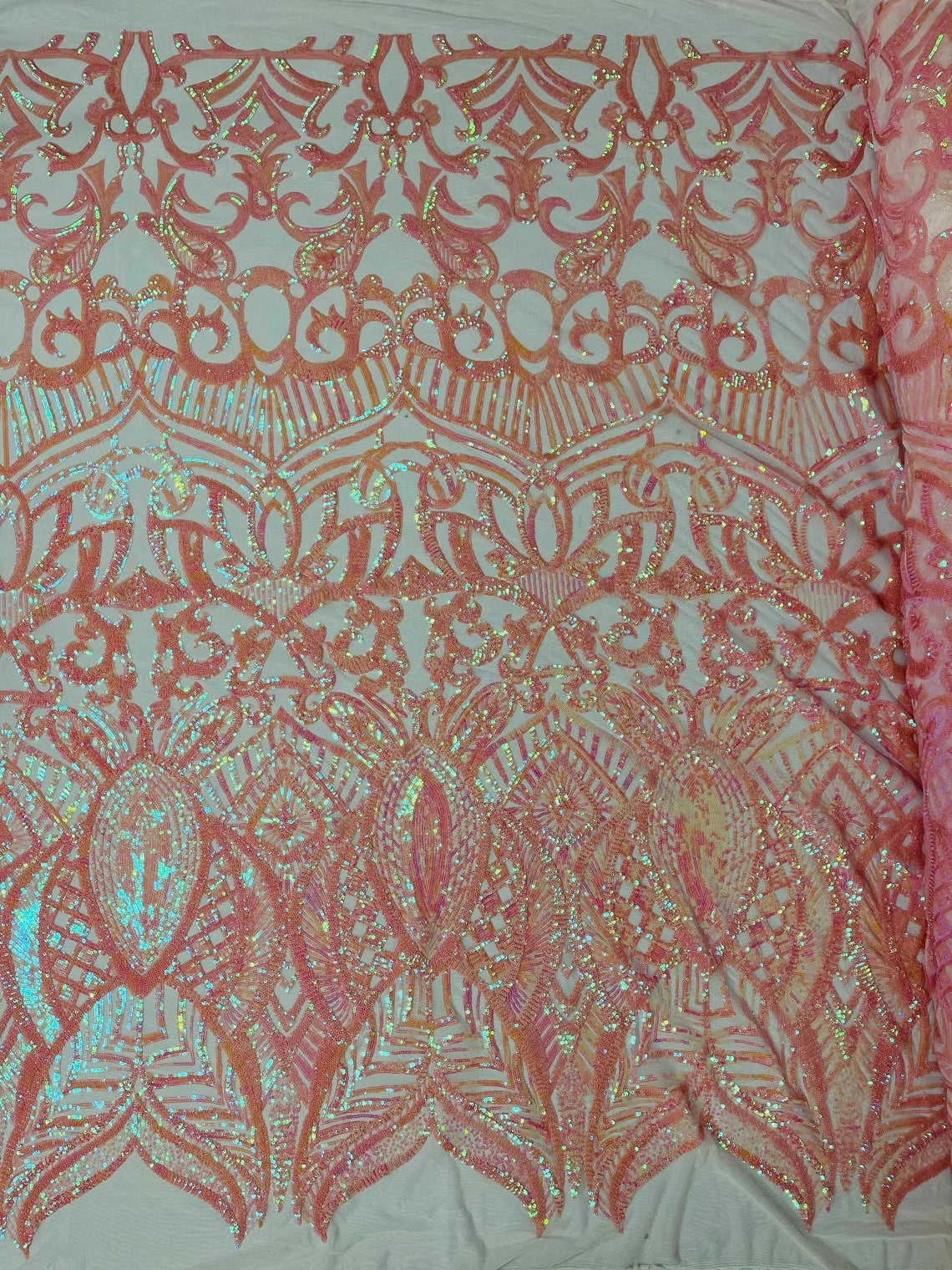 Royalty Damask Sequins Fabric - Pink / Coral - Fancy Royal Lace Design 4 Way Stretch Sequins By Yard