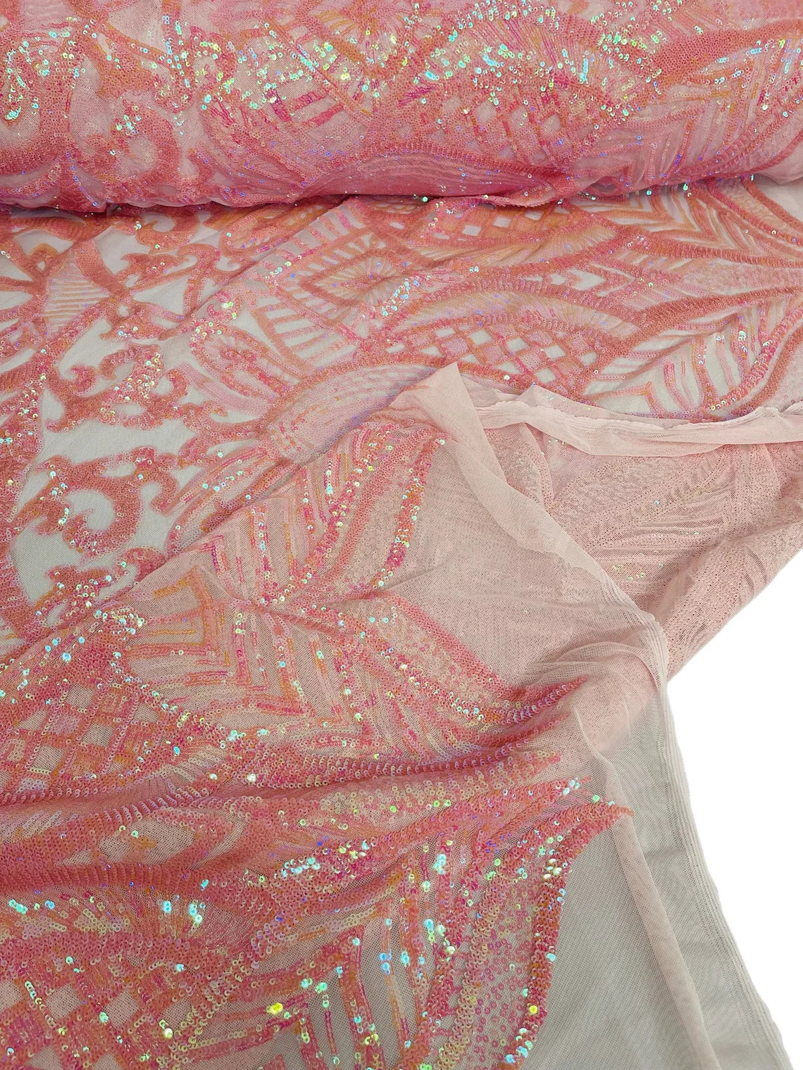 Royalty Damask Sequins Fabric - Pink / Coral - Fancy Royal Lace Design 4 Way Stretch Sequins By Yard