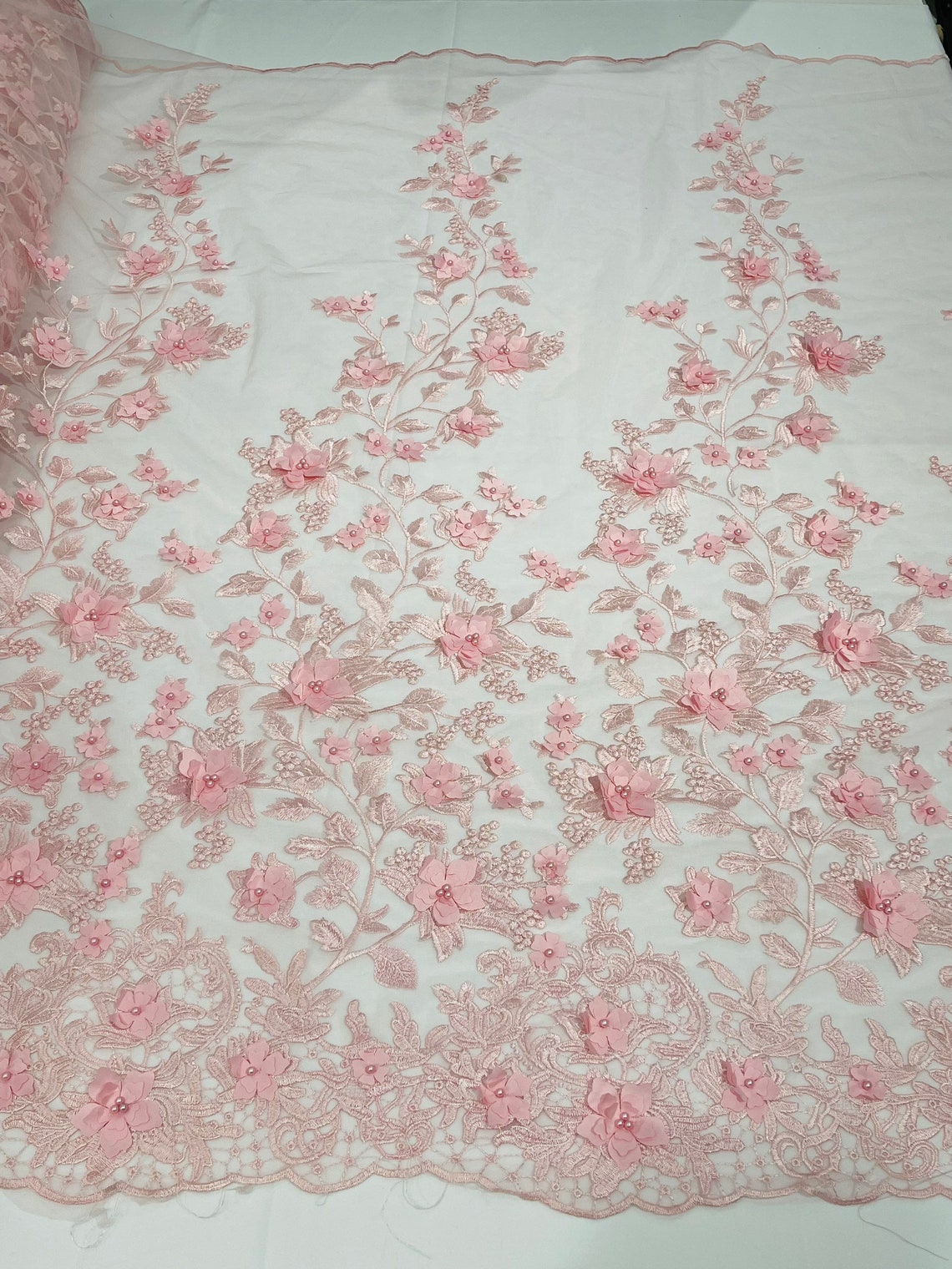 3D Floral Princess Fabric - Pink - Embroidered Floral Lace Fabric with 3D Flowers By Yard